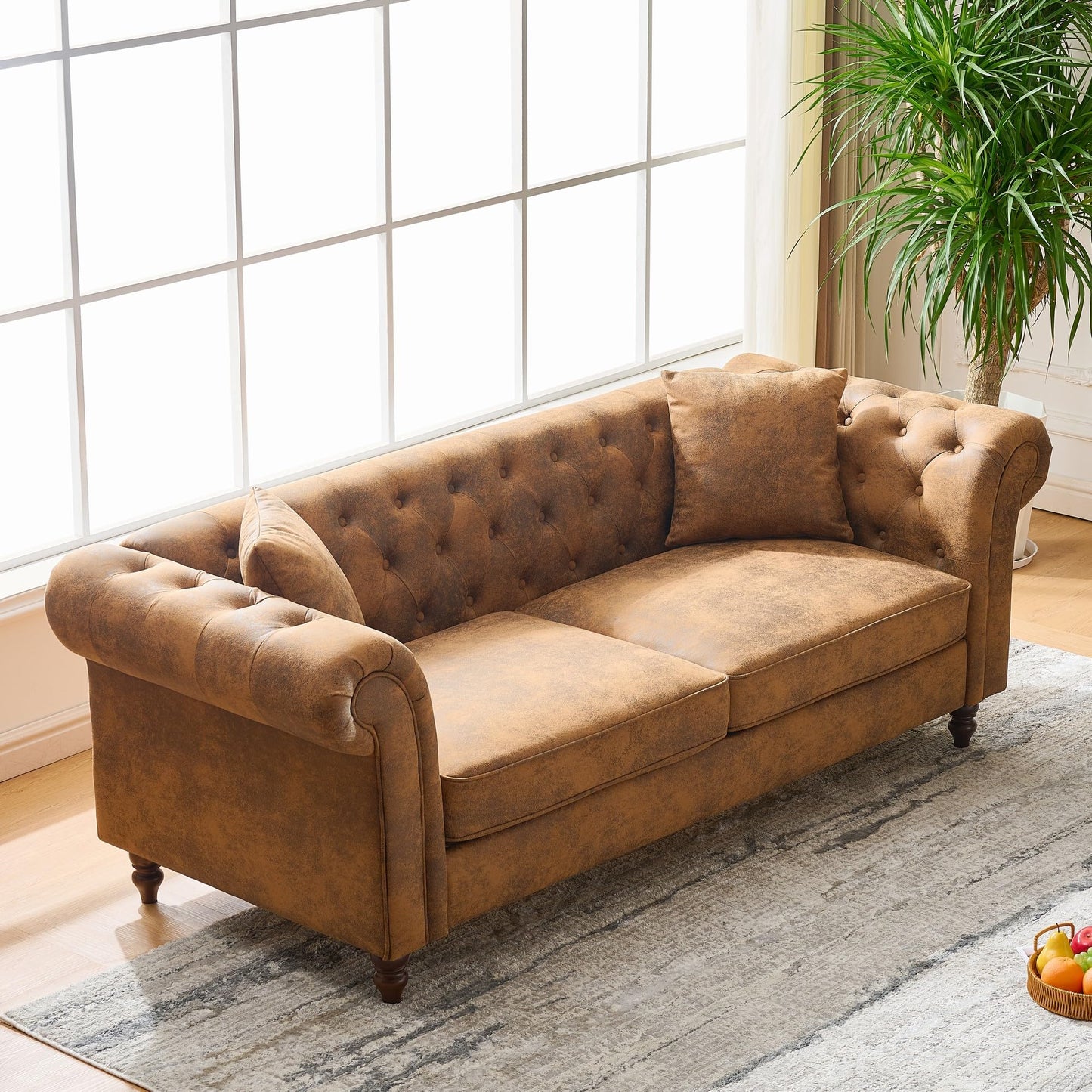 GDFStudio 81" Chesterfield Sofa Couch, 3 Seat Mid Century Modern Sofas & Couches, Fabric Upholstered Couch with Rolled Arms & Pillows, Modern Living Room Sofa for Apartment Office Home Seating, Brown