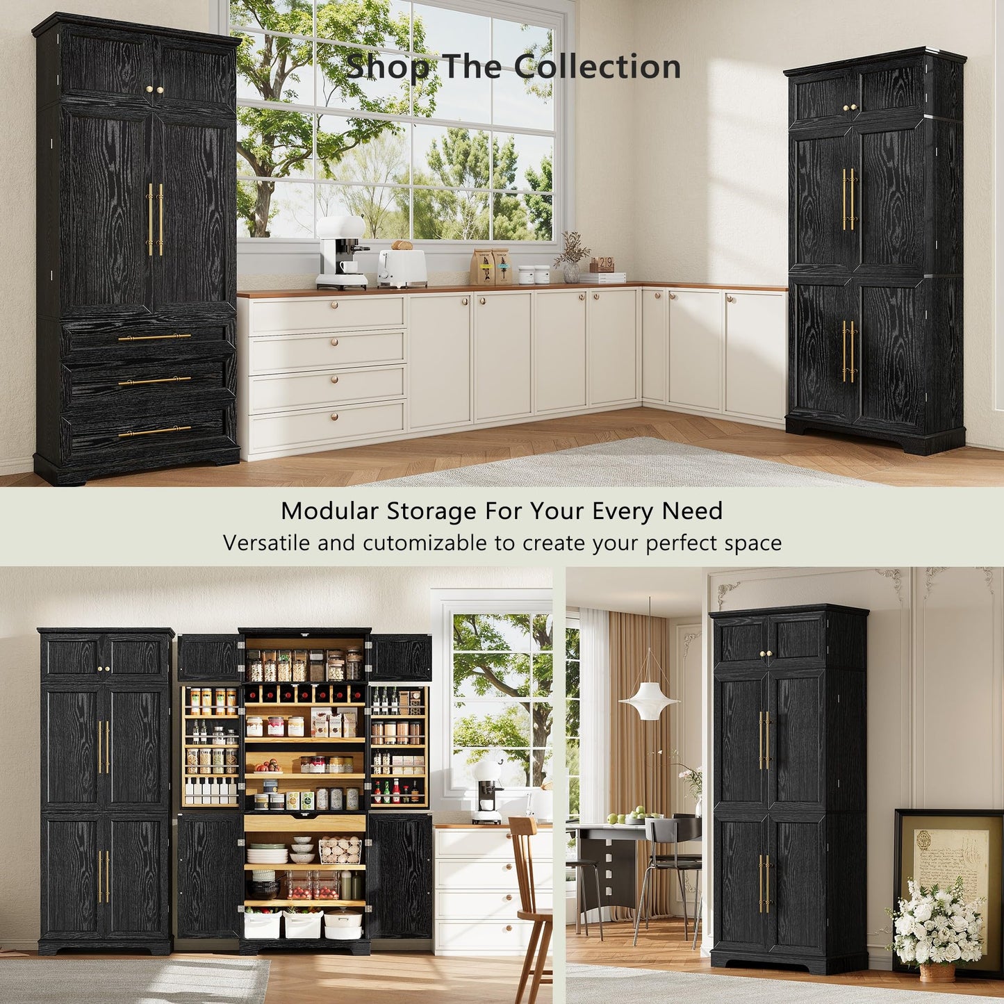 Merax 78.2" Tall Kitchen Pantry Storage Cabinet, Farmhouse Freestanding Large Cupboard with Hidden Drawer, Cabinet, 4 Adjustable Shelves, 8 Door-Shelf & 7 Wine Rack for Dining Room, Ash Black