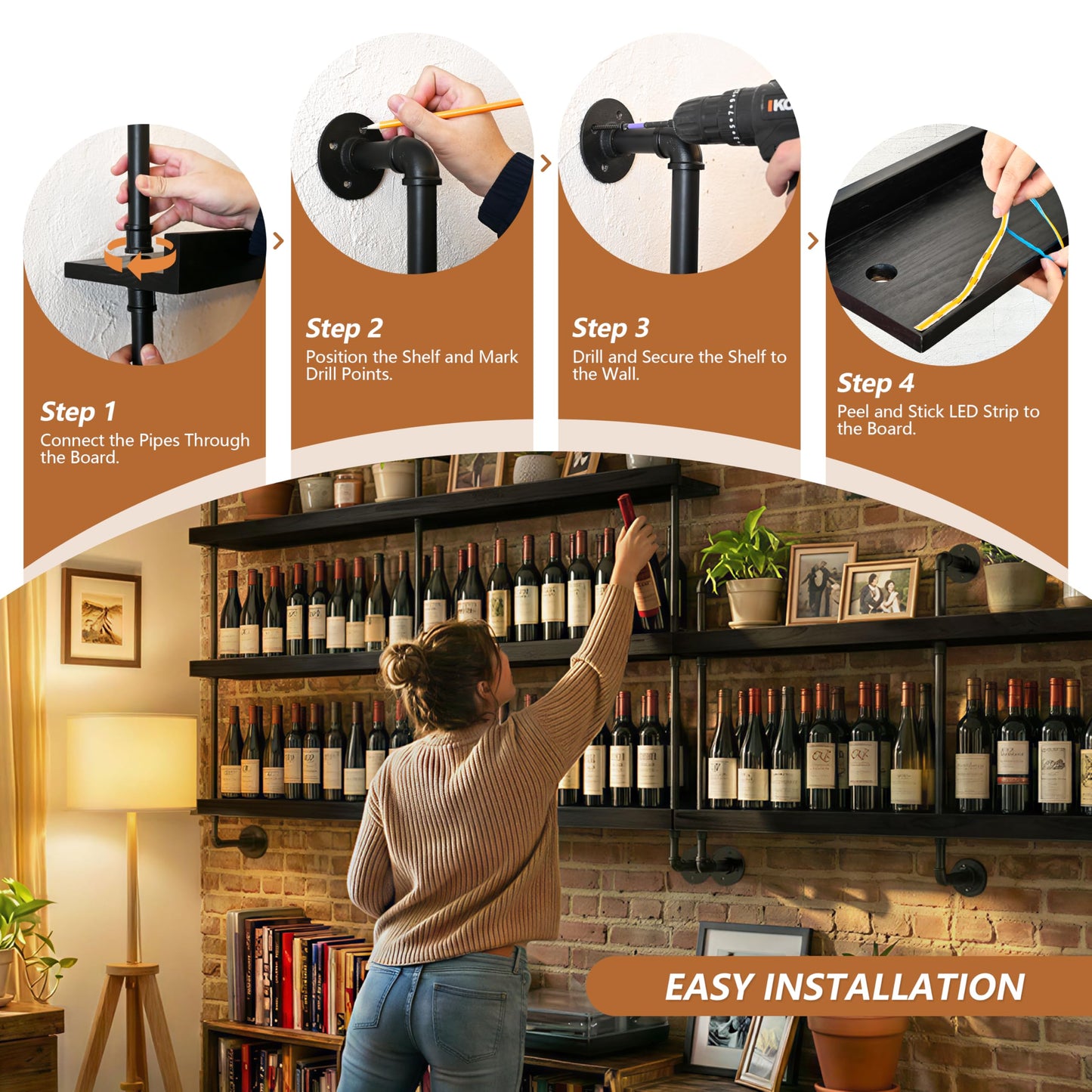 Anynice LED Bar Shelves, Wall Mounted Wine Rack, 3 Tier, 60" Black
