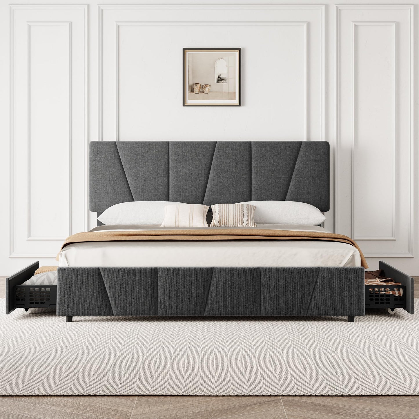 King Size Bed Frame with Upholstered Headboard & 4 Storage Drawers with Wheels, Platform Bed Frame with Wooden Slat Support, Adjustable Headboard, No Box Spring Needed, Noise-Free, for Bedroom