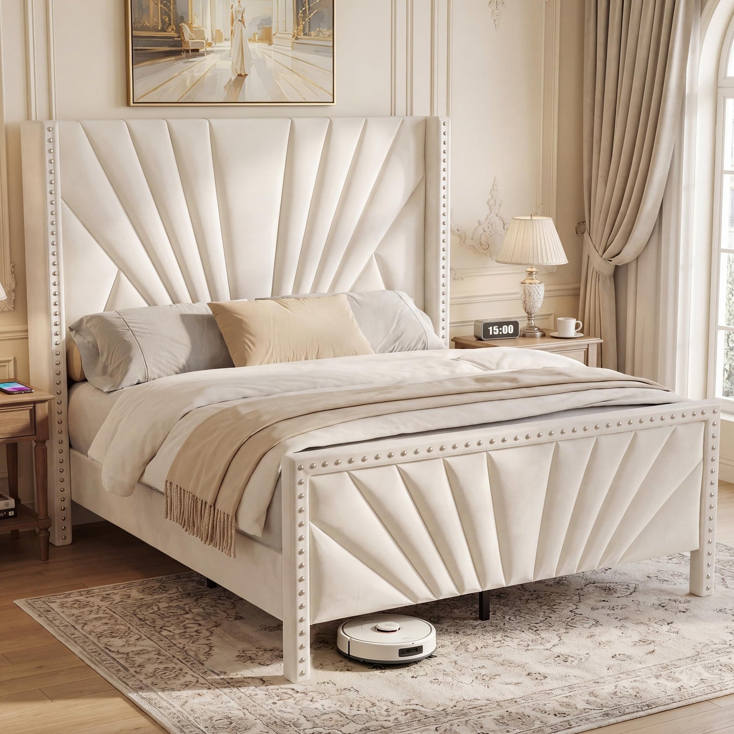 Narolabo Queen Size Bed Frame with 55" Tall Wingback Headboard, Velvet Upholstered Platform Bed, Sturdy Wood Slat Support, No Box Spring Needed, Noise-Free, Easy Assembly, Cream White