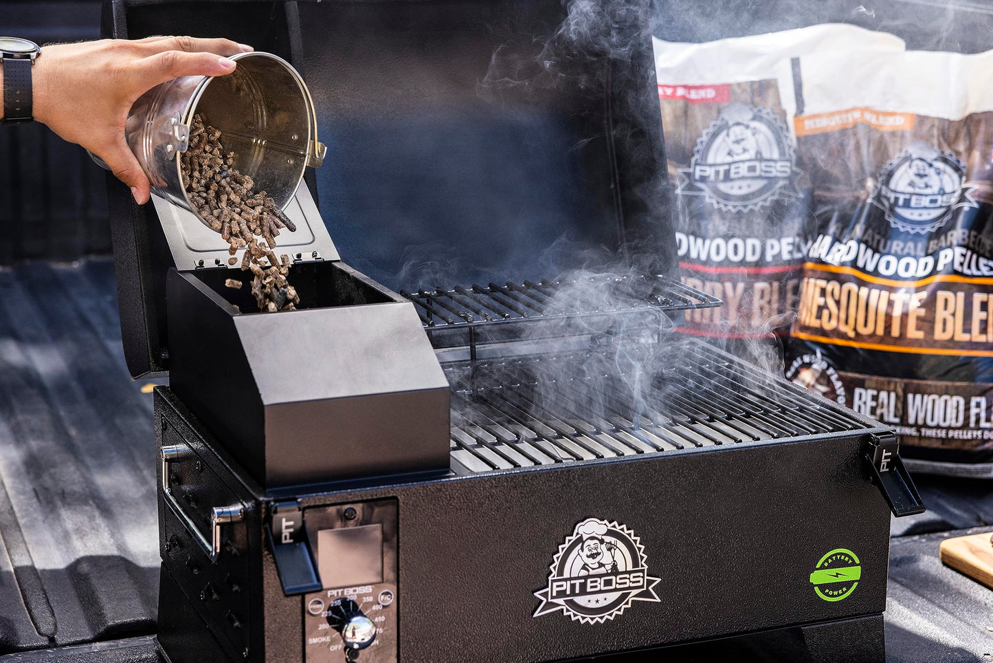Pit Boss 150 Battery Powered Wood Pellet Grill & Smoker with Flame Broiler 256-Sq. In. Cooking Space, 180°F to 500°F Temperature Range, 7 lb. Pellet Hopper, for Tailgating, Camping, or Travel, Black