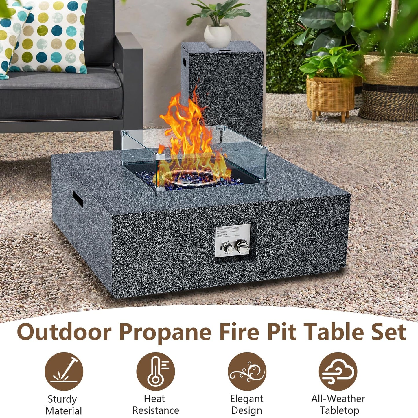 2-Piece Outdoor Propane Firepit Table Set w Tank Table, 36 inch Square Fire Table 50,000 BTU w 16 inches Tank Side Table, Wind Guard, Lava Rocks & Rain Cover for Garden, Pool, Porch, Backyard
