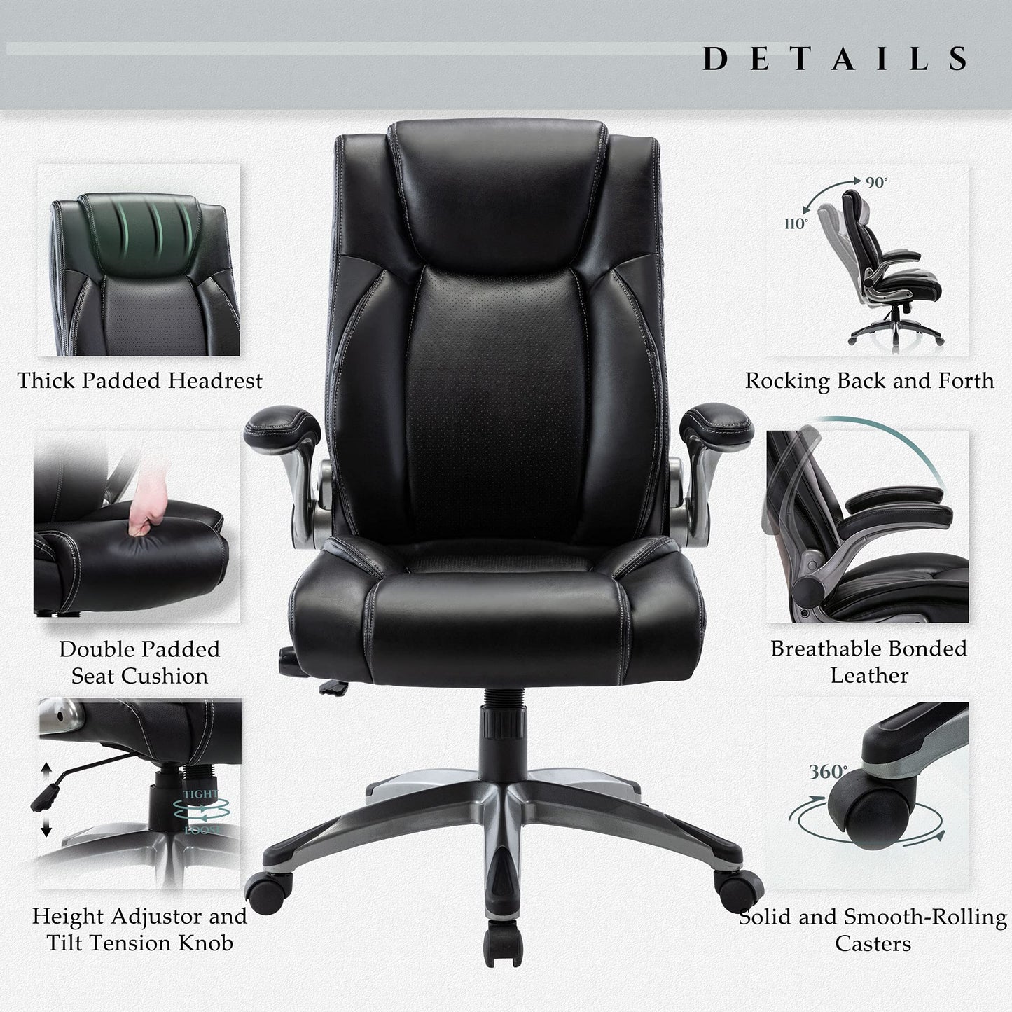 COLAMY Executive Office Ergonomic Chair with Thick Bonded Leather, 300lbs Capacity Big and Tall High Back Desk Chair with Flip-up Armrests, Adjustable Height and Tilt for Working, Study, Gaming,2PC