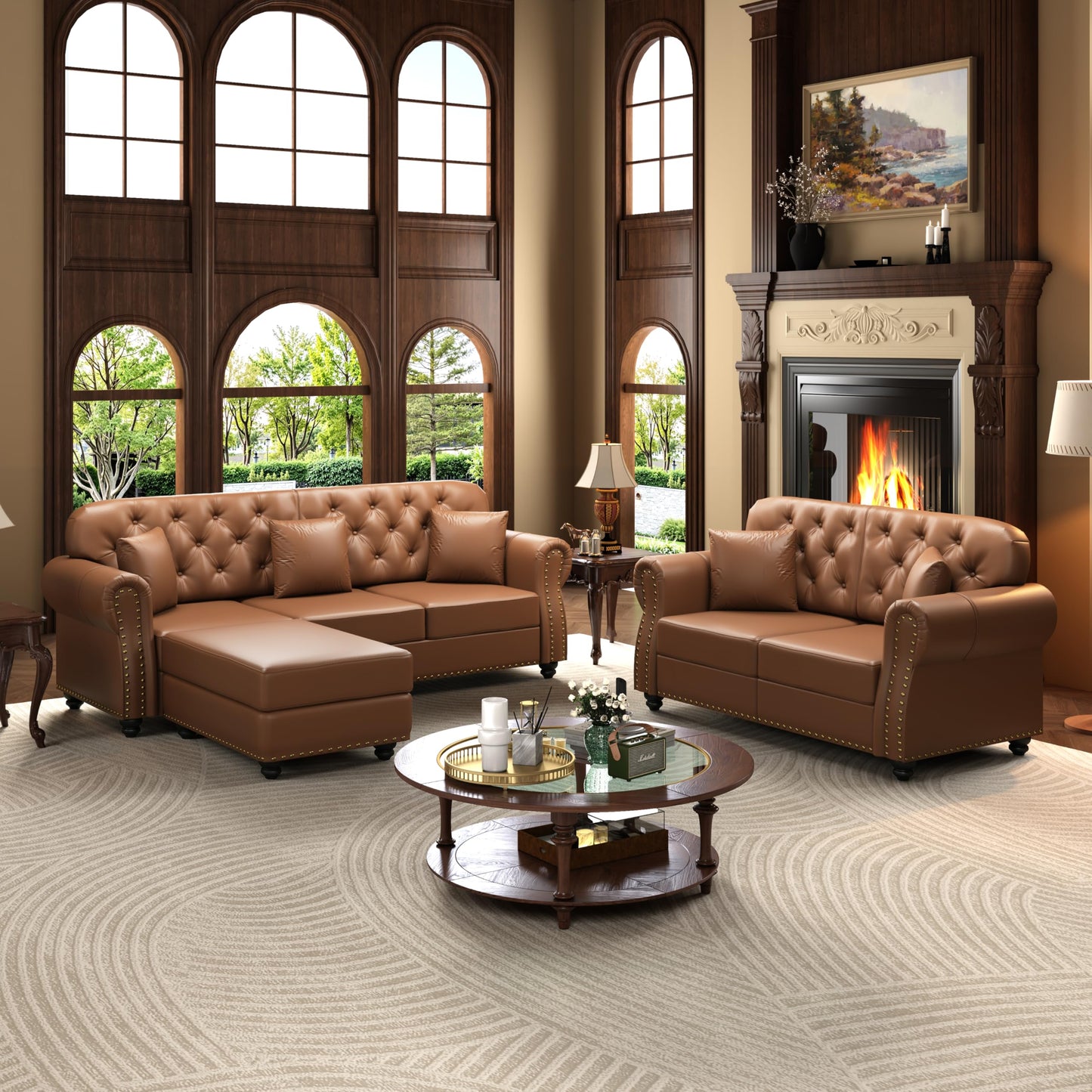 KEIKI 2-Piece Chesterfield Sofa Set with 1 Faux Leather 3-Seater Sofa & 1 Loveseat Sofa, Upholstered 5-Seater Couch Set with Nailhead Trim & Rolled Arms & 1 Ottoman & 5 Pillow, for Living Room, Brown