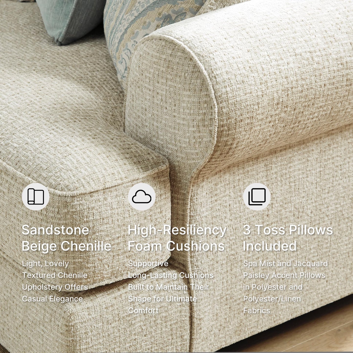 Signature Design by Ashley Monaghan Vintage Loveseat with Accent Pillows, Reversible Cushions and Rolled Arms, Beige