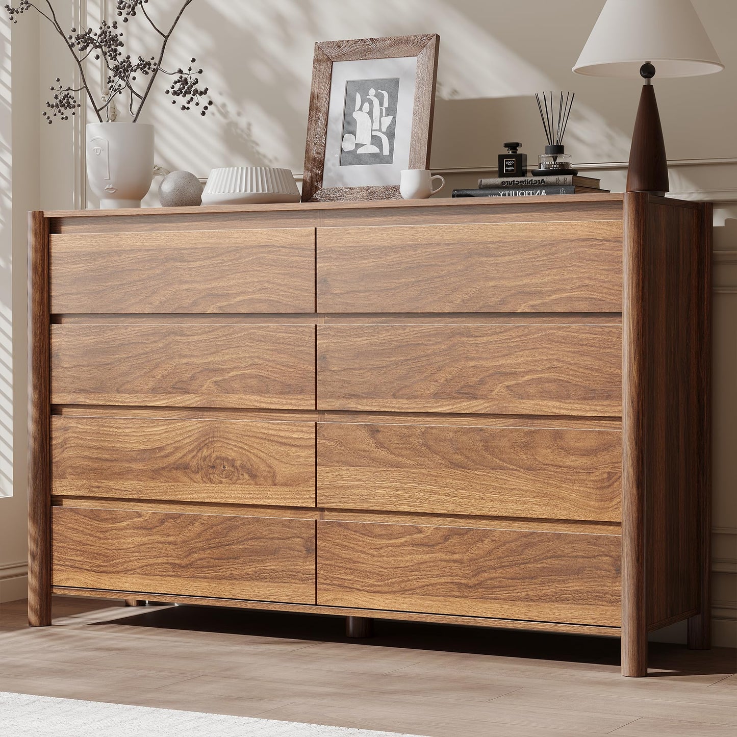 CHUWELL Walnut Dresser for Bedroom，55" Wide Mid Century Chest of Drawers with 8 Large Storage Space and 4 Solid Wood Cylindrical Legs,8 Drawer Large Dresser for Bedroom