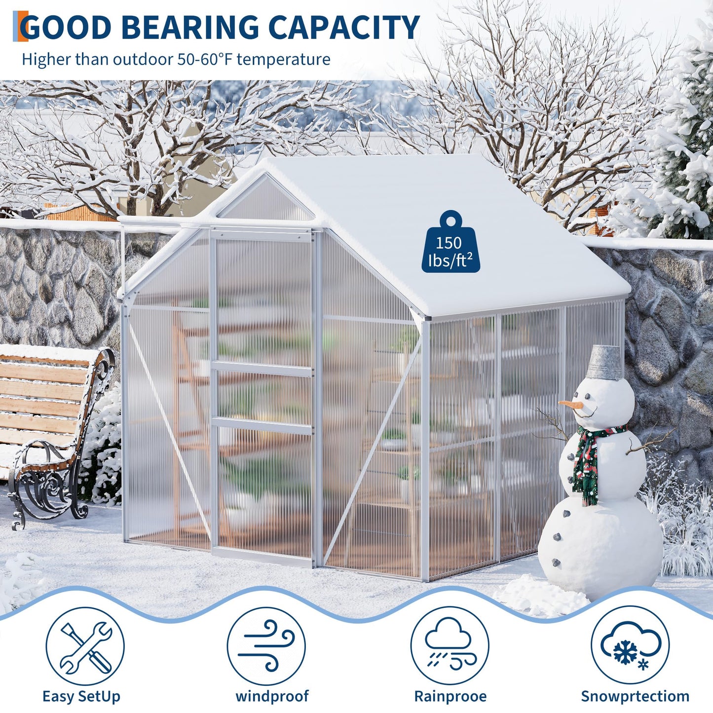 CABIHOME 6 x 6 FT Greenhouses for Outside, Polycarbonate Greenhouse with Aluminum Frame, Sliding Door, Adjustable Roof Vent, Backyard Green Houses, Patio Garden, Black (Silver, 6x6 FT)