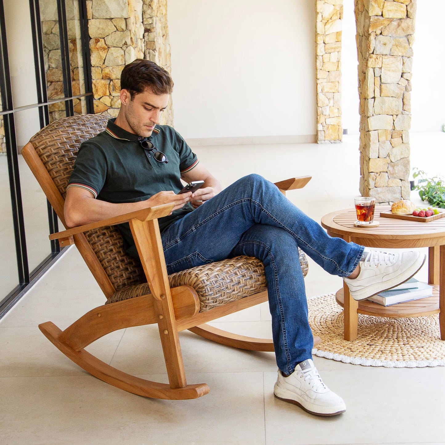 Cambridge Casual Camden 3-Piece Teak Wood Patio Conversation Set Brown Wicker, Padded Woven Seat, Deep Seating Rocking Chair Set of 2 with Side Table, Quick Dry Foam