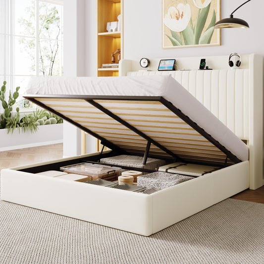 Allewie Queen Size Lift Up Storage Bed Frame,Storage Shelf Headboard with Charging Station,Type-C and USB Ports,Hydraulic Support,Velvet Upholstered Bed Frame,No Box Spring Needed,Cream