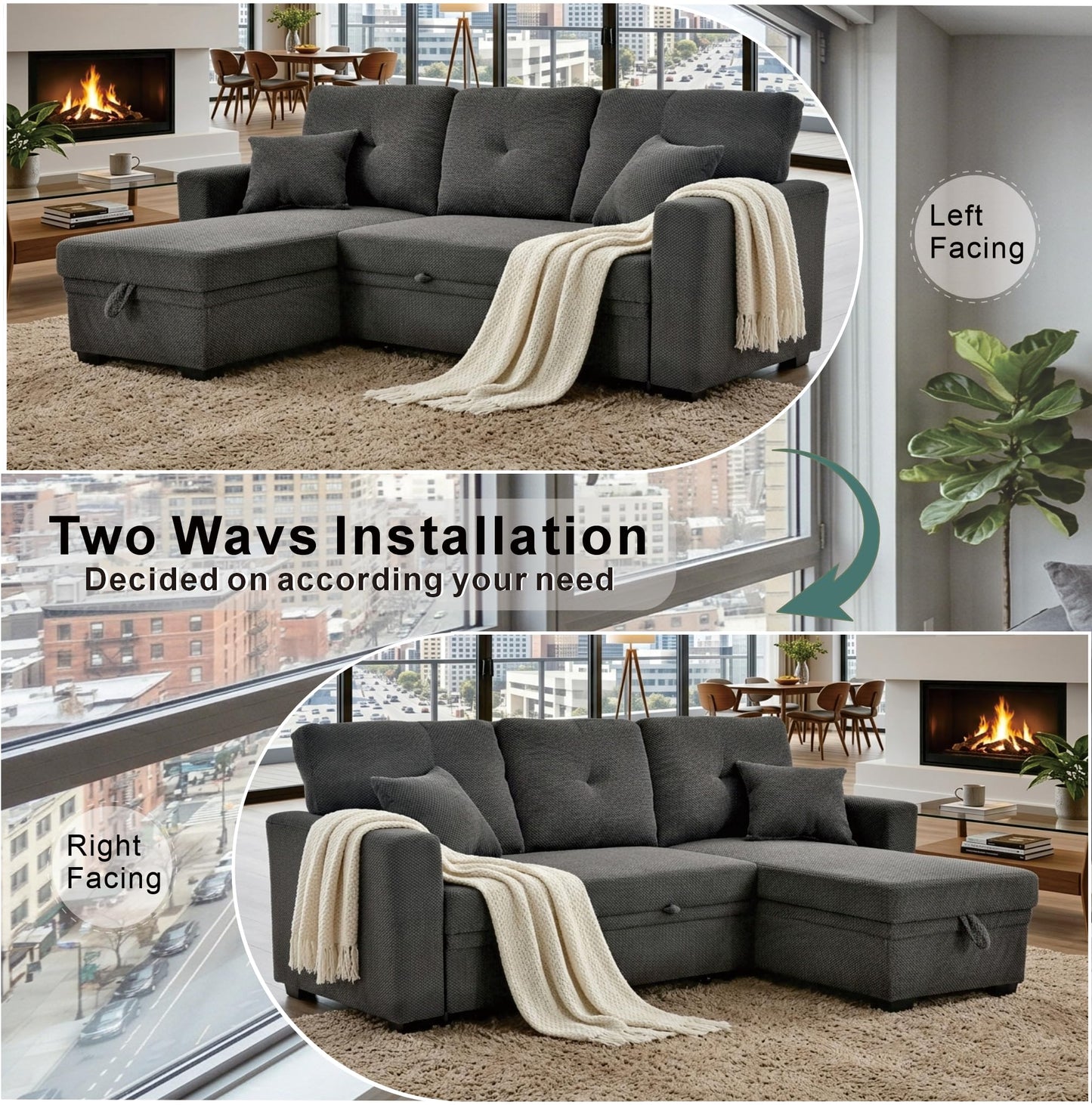 Eafurn 71" L Shaped Sectional Sleeper Sofa Bed with Pull Out Bed, Comfy Fabric Corner Sleeper Sectional Pull Out Couch with Tufted Backrest/Reversible Storage Chaise/2 Pillows