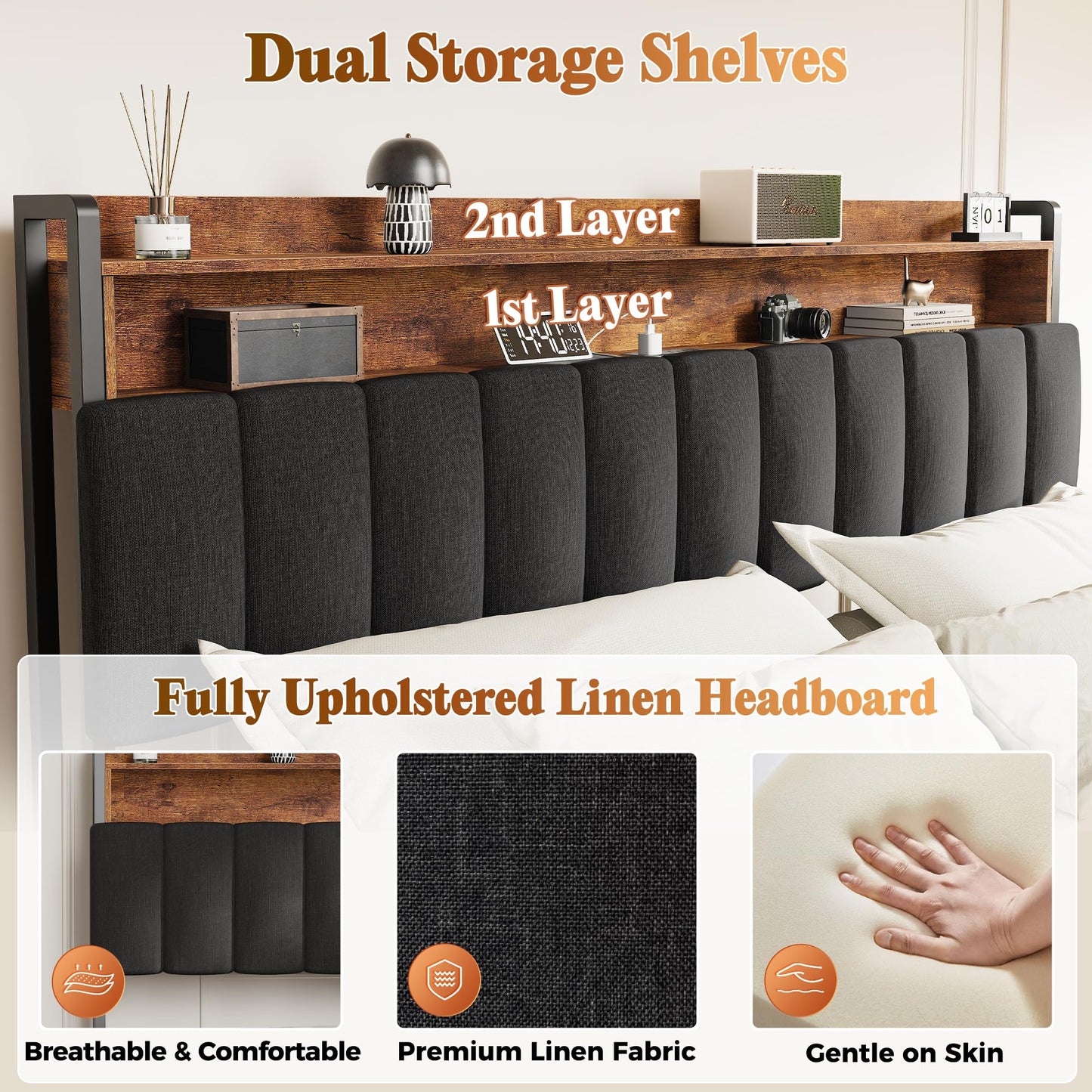 PRAISUN Bed Frame King Size with Upholstered Headboard & Charging Station, King Bed Frame with 4 Storage Drawers, 2-Tier Open Shelves, No Box Spring Needed, Slient Foam Strip, Easy Assembly, Black