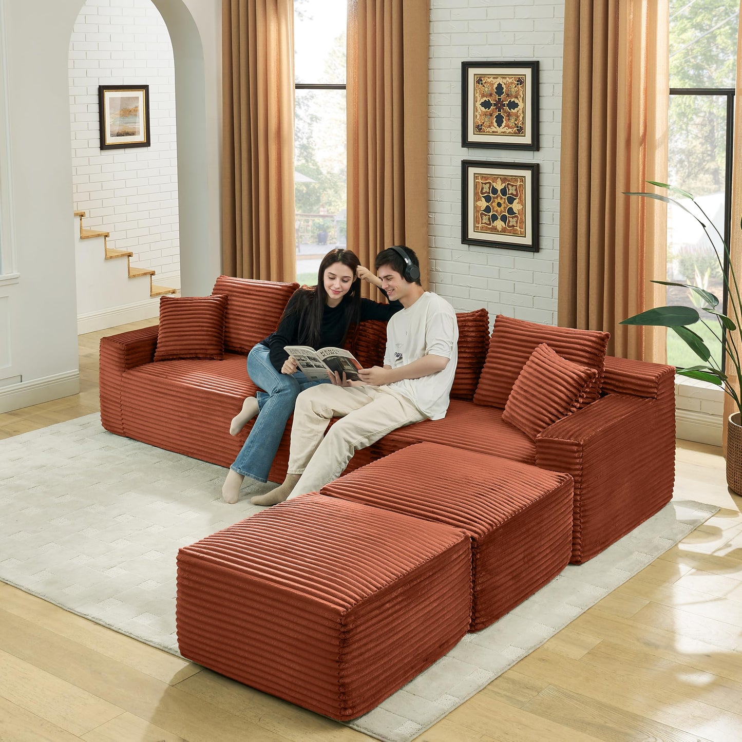 115" U-Shaped Cloud Sectional Couch, Front Facing Modular Compressed Boneless Sectional Sofa with Chaise Lounges, Plush Corduroy Boneless Symmetrical Sofa for Living Room