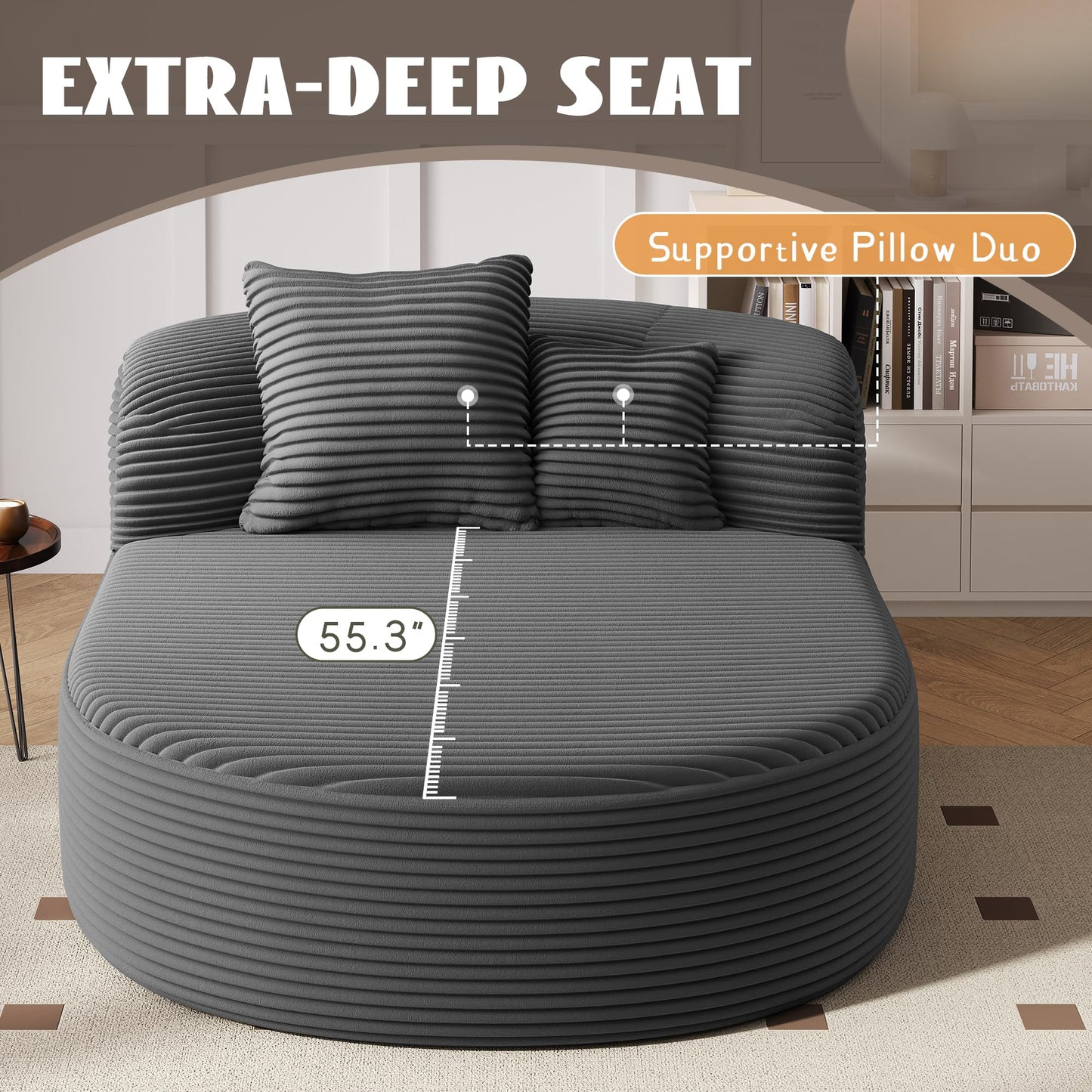 51.6-Inch Fluffy Corduroy Boneless Sleeper Daybed Oversized Single Recliner Foam Cloud Lounge Chaise,Floor Cloud Sofa Chaise W/2 Toss Pillows for Bedroom Living Room