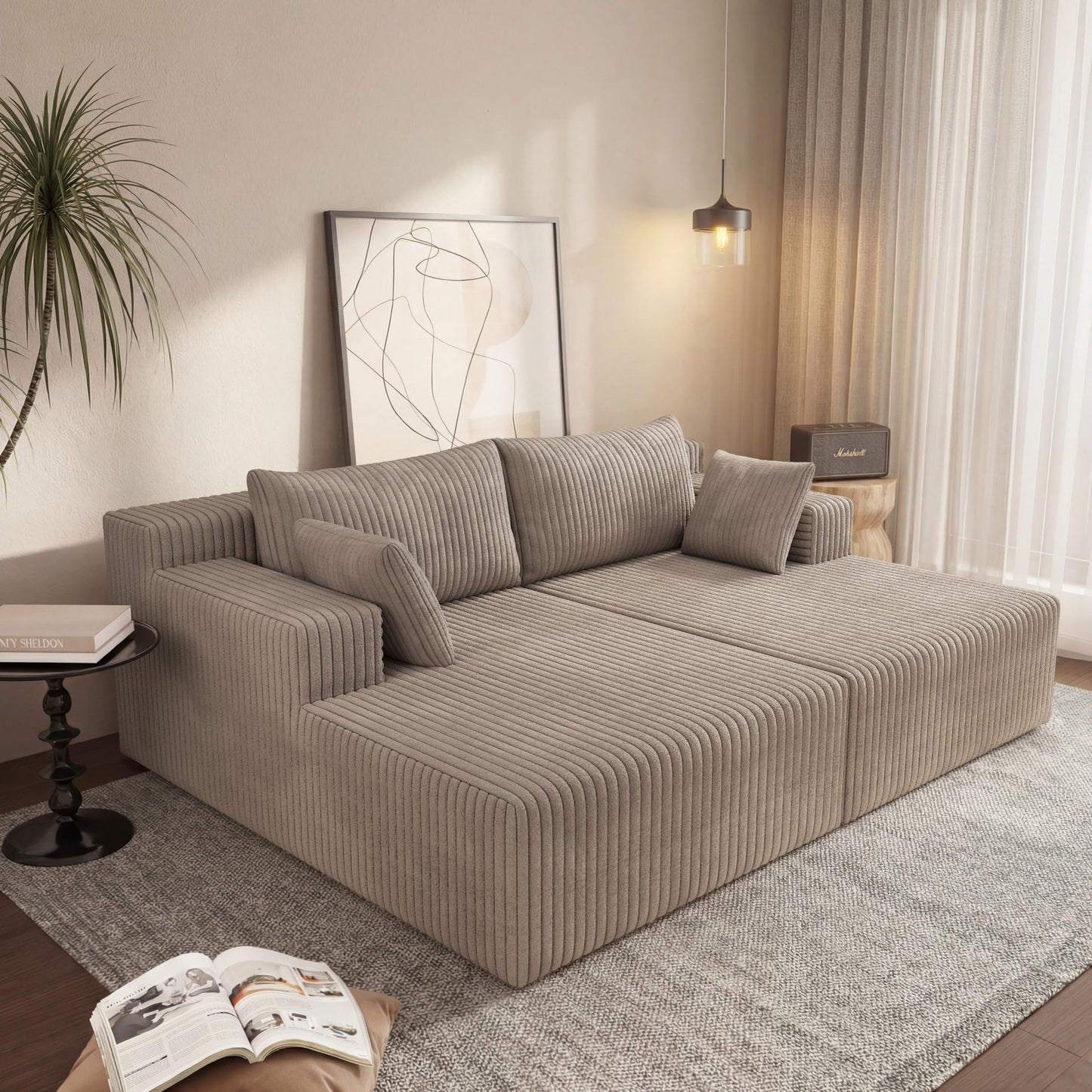 KEIKI 71" L Oversized Double Lounge Chaise Indoor, Corduroy Deep Seat Sectional Modular Couch Sleeper Loveseat Chair, Boneless Upholstered Reading Lazy Cloud Plush Sofa Bed for Living Room, Bedroom