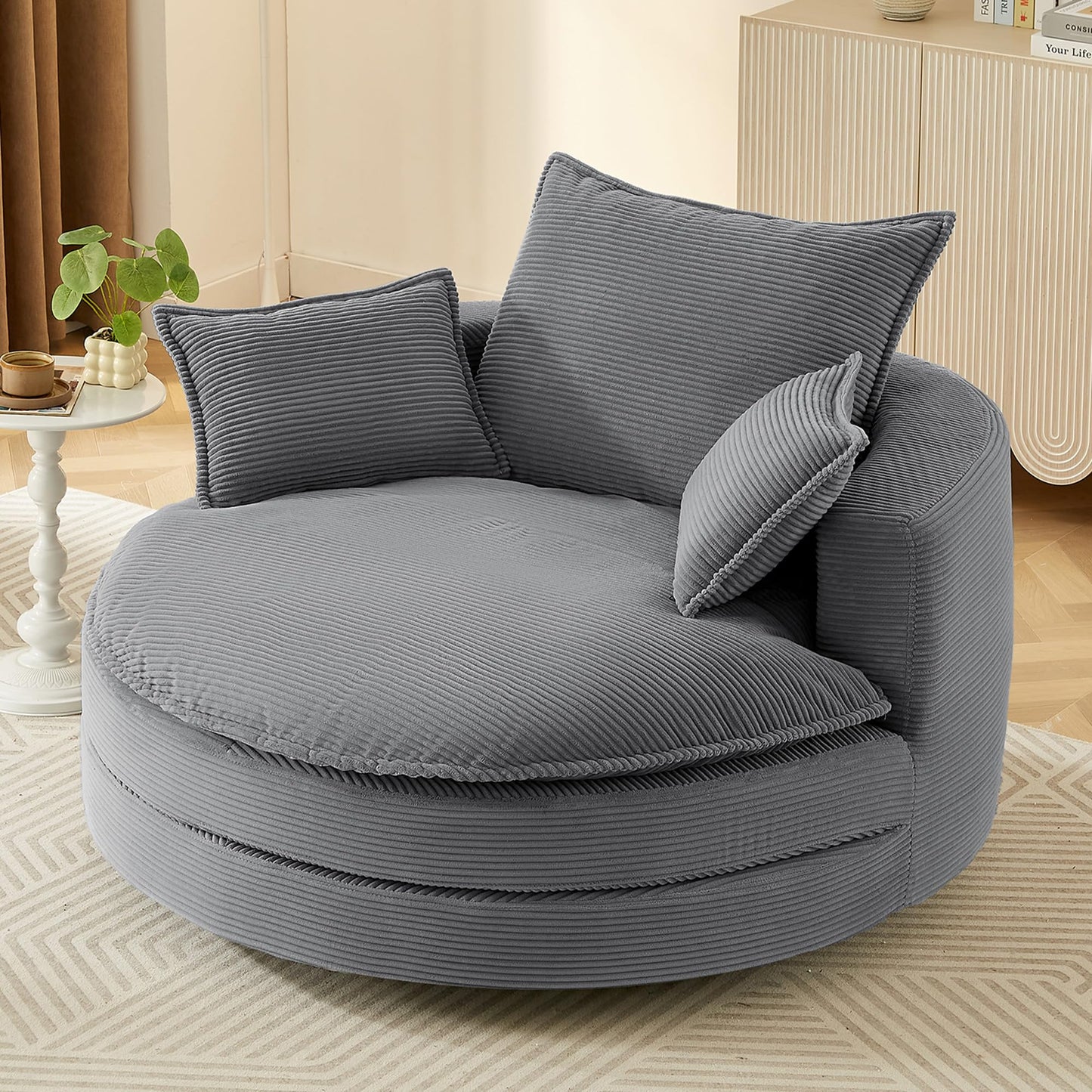 Merax 360° Swivel Sofa Chair, 57.5" Swivel Accent Barrel Chair with Dual-Layer Cushion Design, Modern Corduroy Leisure Sofa Round Chaise Lounge with 3 Removable Pillows for Living Room, Bedroom