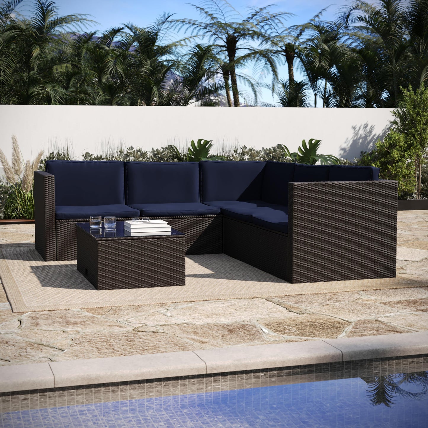 Flash Furniture Roan Patio Seating Set, Wicker PE Rattan Frame, L-Shaped Sectional with Side Lift Coffee Table Storage, Back and Seat Cushions, Brown/Navy