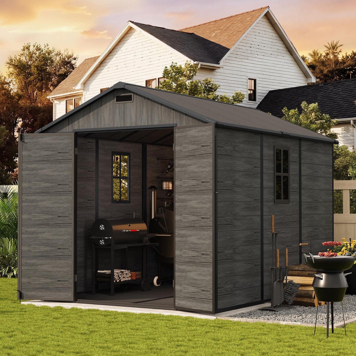 UDPATIO Outdoor Resin Storage Shed 8 x 10 FT, Plastic Storage Shed with Floor Large Outdoors Garden Tool Storage Shed Outside Clearance Shed with Lockable Door for Bike, Backyard, Patio, Dark Grey