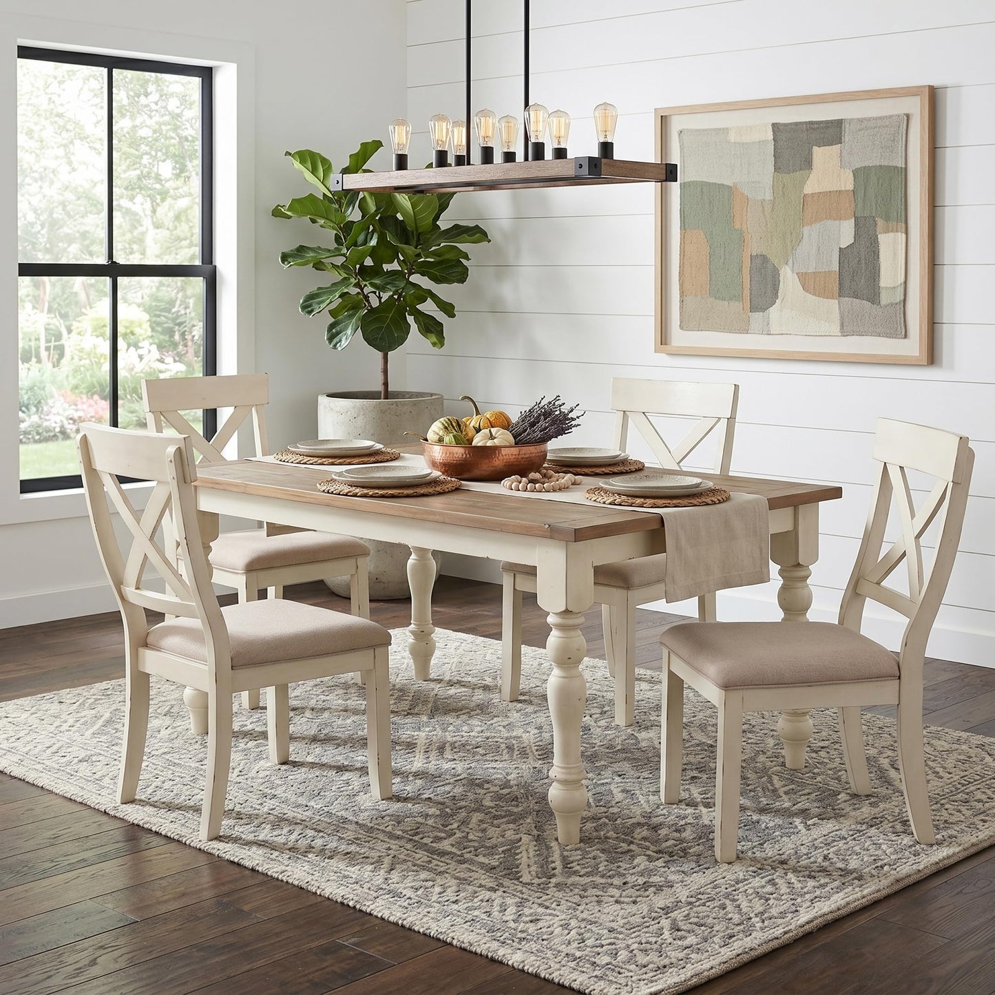 Prato Two-Tone Finish Wood Dining Table, Antique White and Distressed Oak