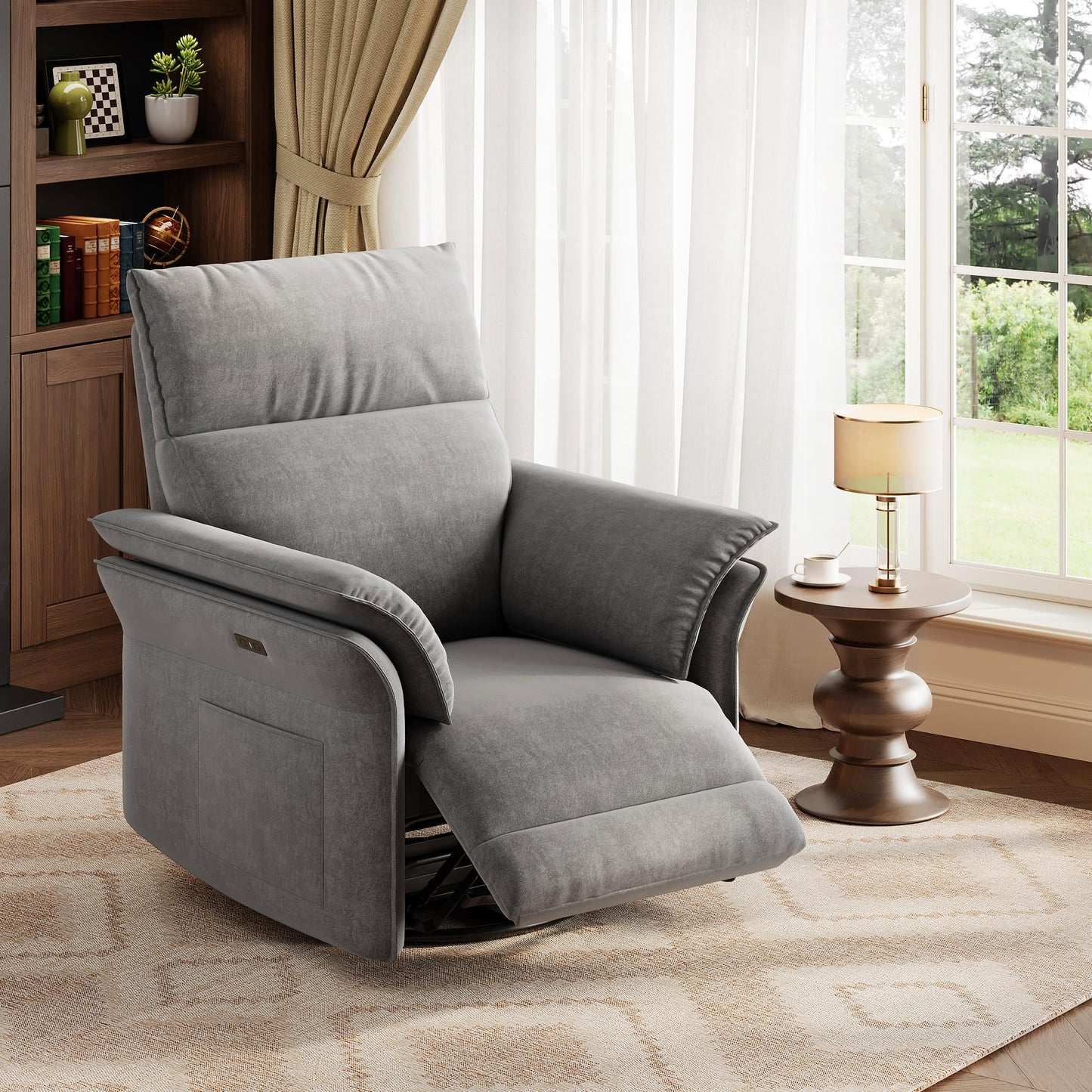 GarveeHome Power Recliner Chair, 270 °Swivel Rocking Glider with USB Charging Port, Chenille Upholstered Fabric and Double-Layer Armrests, Nursery Chair for Living Room, Nursery (Gray)