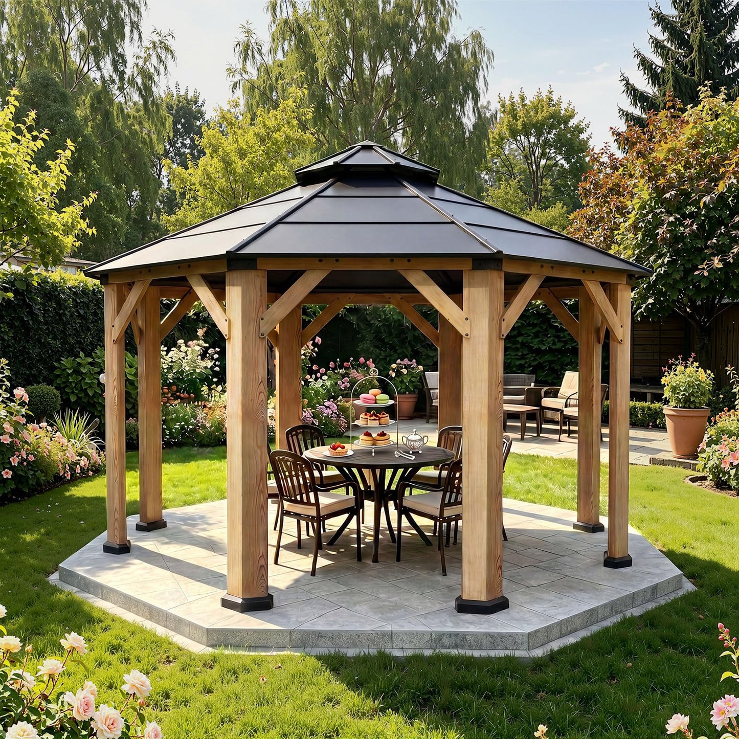 Aoxun 13' x 13' Outdoor Wood Gazebo, Hardtop Gazebo Permanent Wooden Pavilion with Galvanized Steel Double Roof, for Packyard, Garden, Deck, Cedar Wood