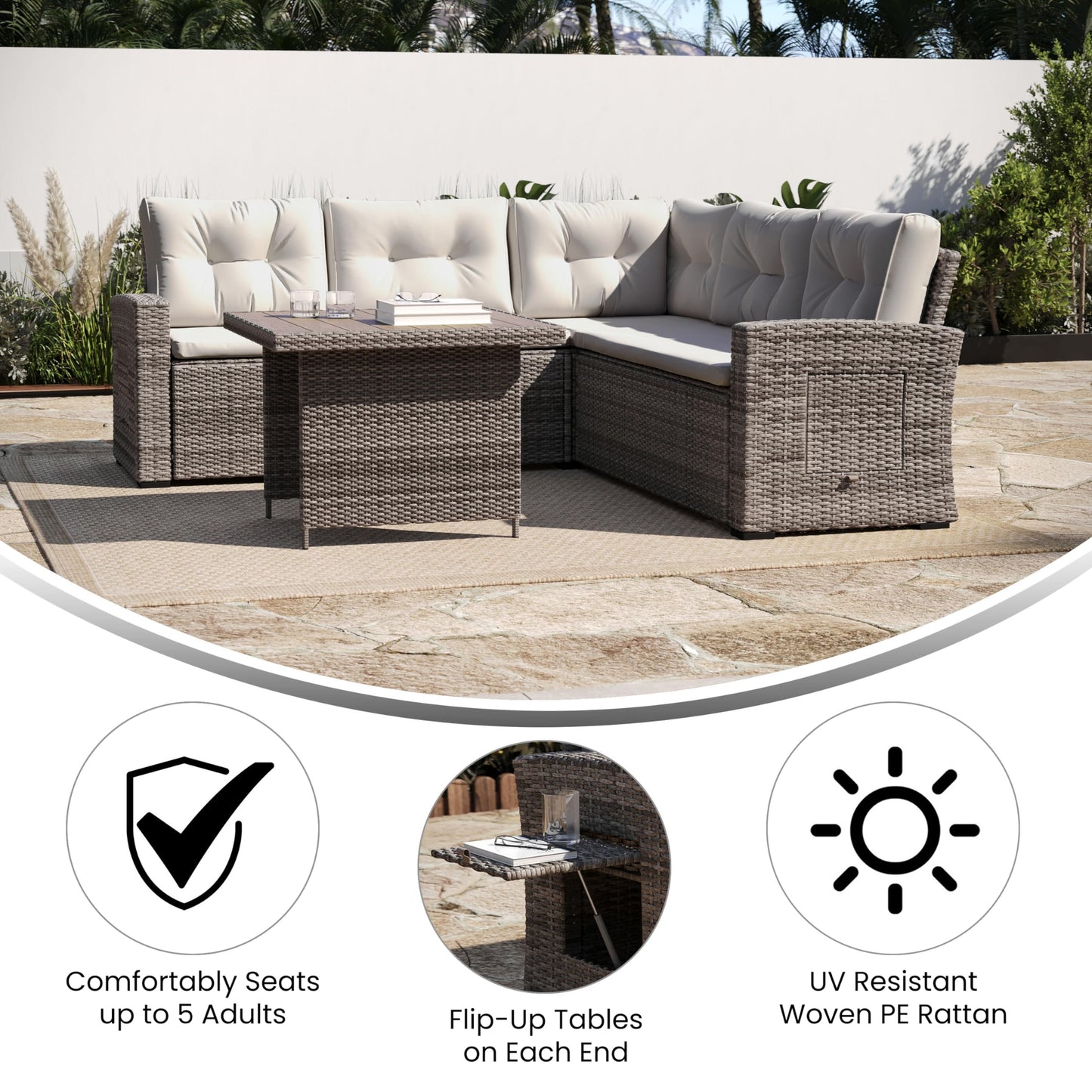 Flash Furniture Huck Wicker Rattan Conversation Set, Versatile Indoor/Outdoor Use, L-Shaped Sofa and Dining Table, Weather-Resistant Cushions, Beige/Brown