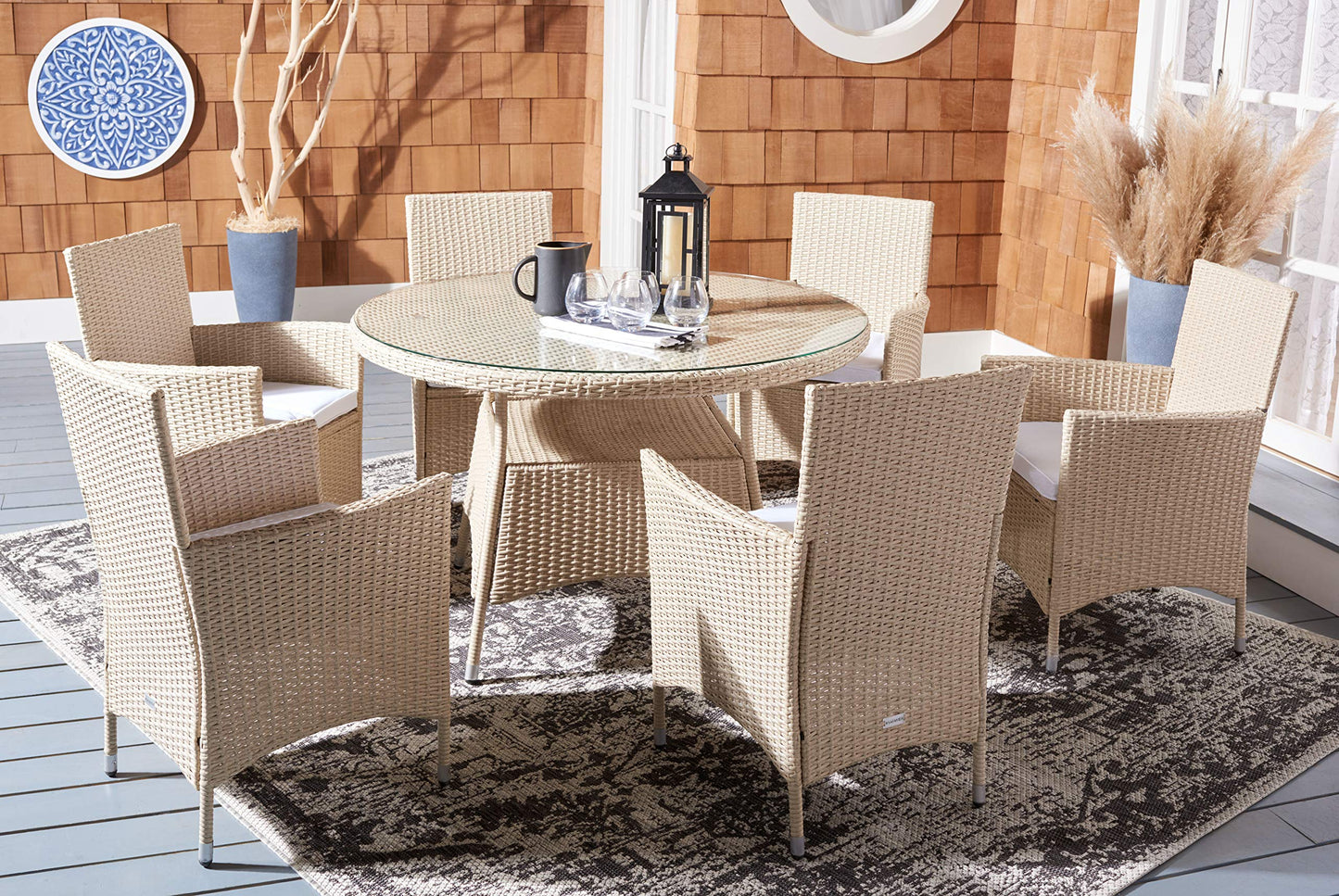 SAFAVIEH Outdoor Collection Challe Beige/White Dining Set PAT7702B-3BX