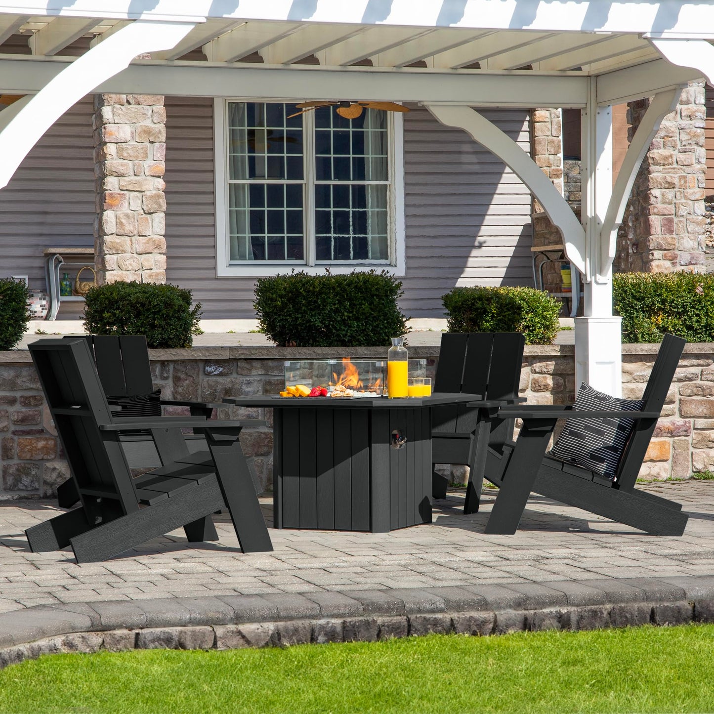 Oasis 5-Piece Conversation Set with Fire Pit Table, 4 Italica Modern Adirondack Chairs and 40” Fire Pit Table with Glass Wind Guard and Rain Cover, Black