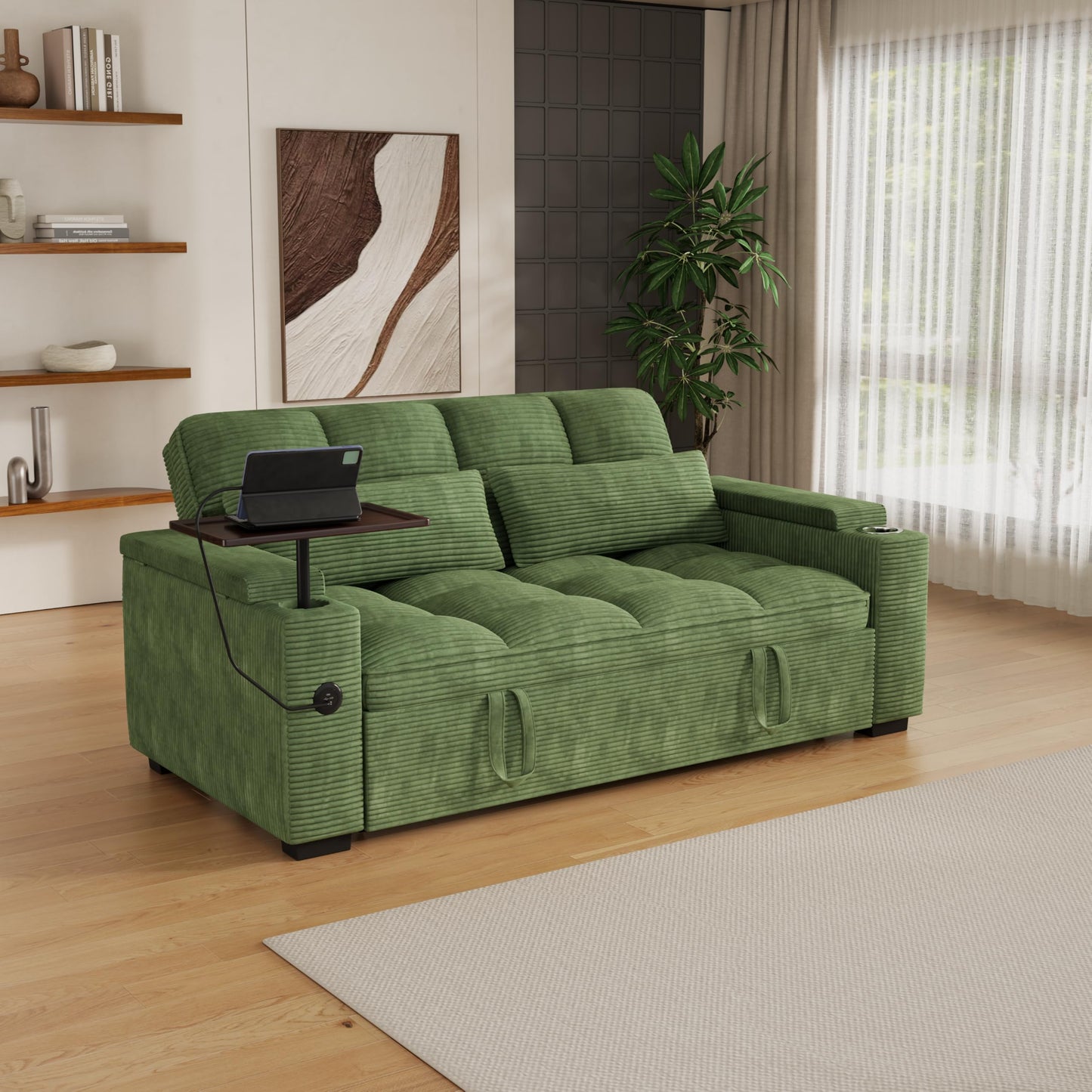 KEIKI 65" 3-in-1 Pull-Out Sofa Bed, Convertible Corduroy Sleeper Couch with Adjustable Backrest, USB Charging Ports & Storage Arms, Compact Futon Sofa for Guest Rooms, Studios & Small Living Spaces