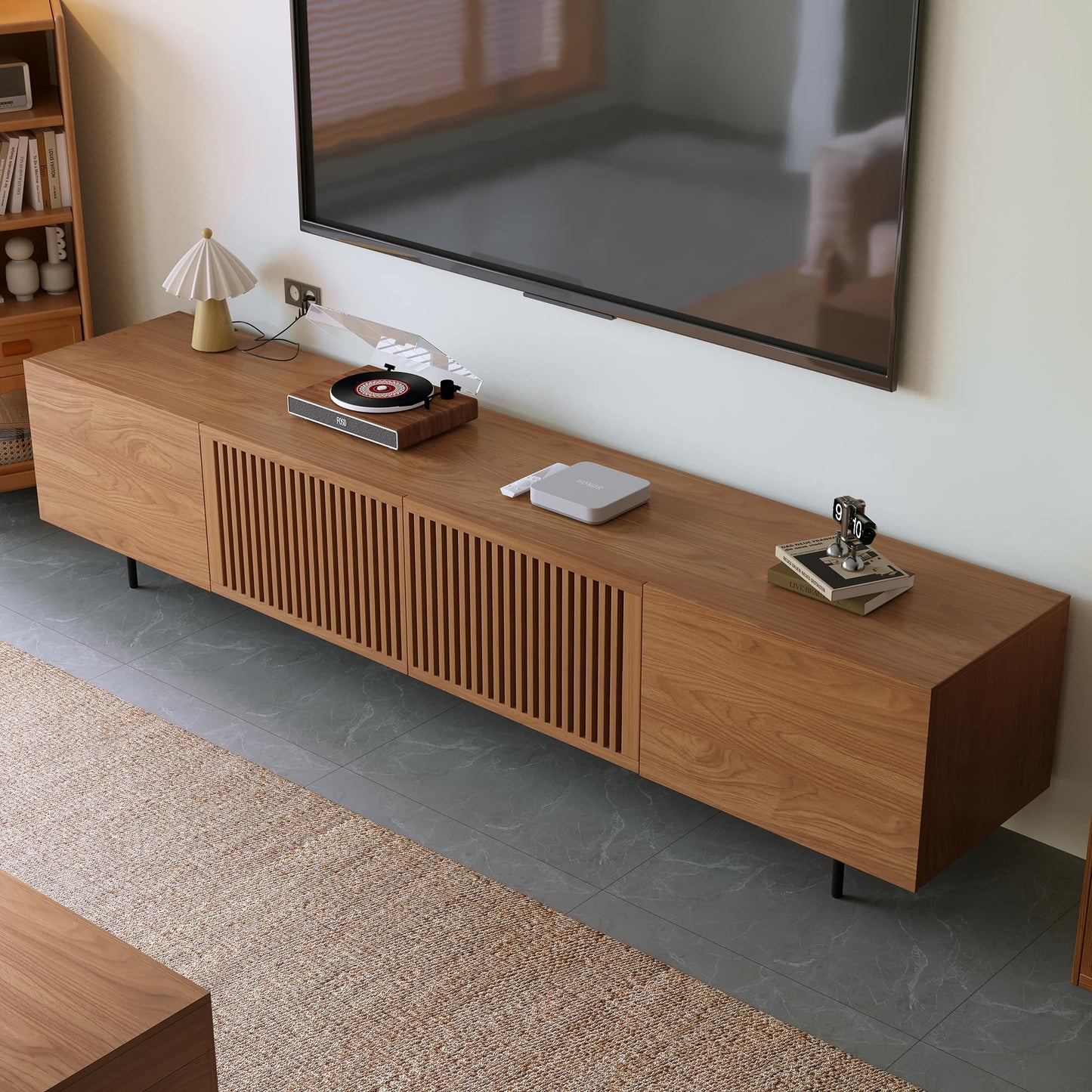 DinaiteEain Mid Century Modem TV Stand for 80 Inch TVs and Larger, Walnut Entertainment Center with 4 Doors, Large Storage &Cable Management, Media Console for Living Room (94.48 Inches)
