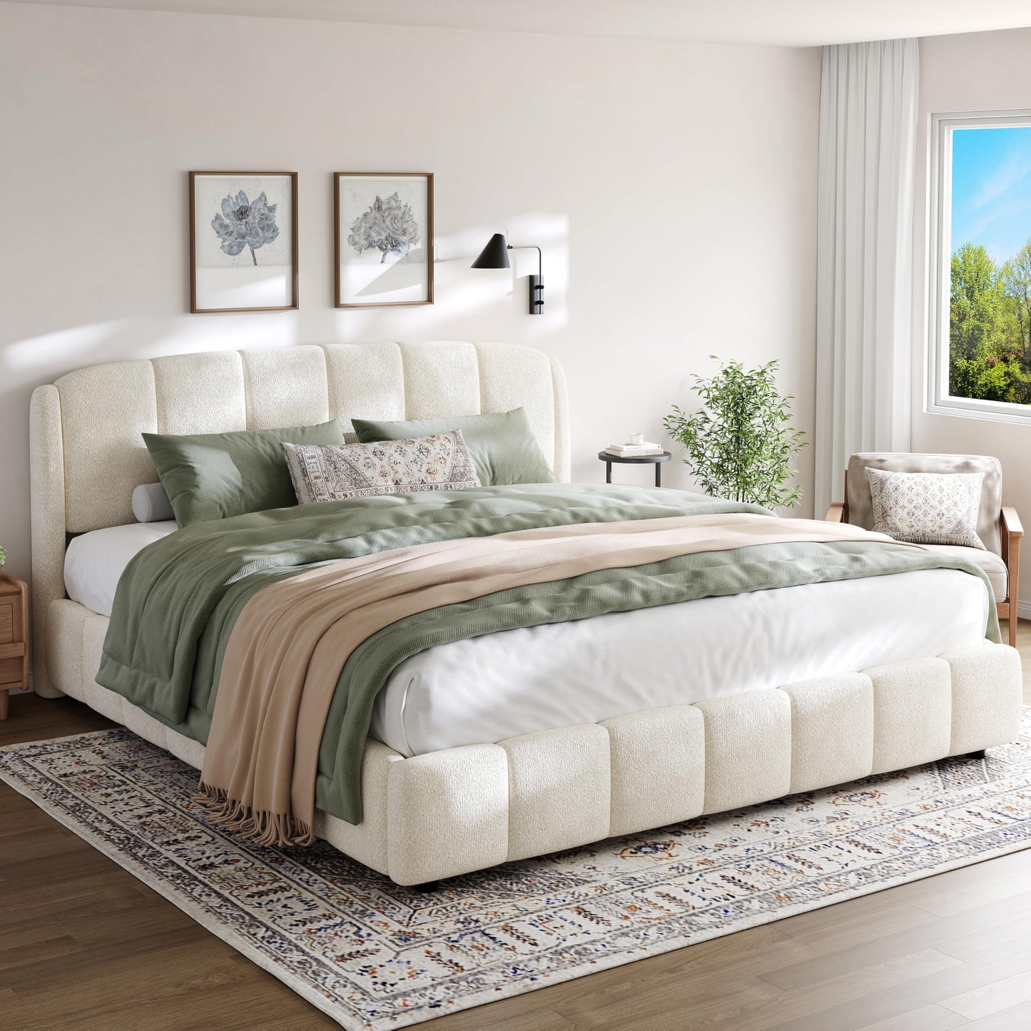 Merax King Size Boucle Upholstered Platform Bed Frame, Curve-Shaped Rounded Headboard, Box Spring Not Required, Soft Plush Fabric Bed for Master Bedroom, Guest Room, Beige