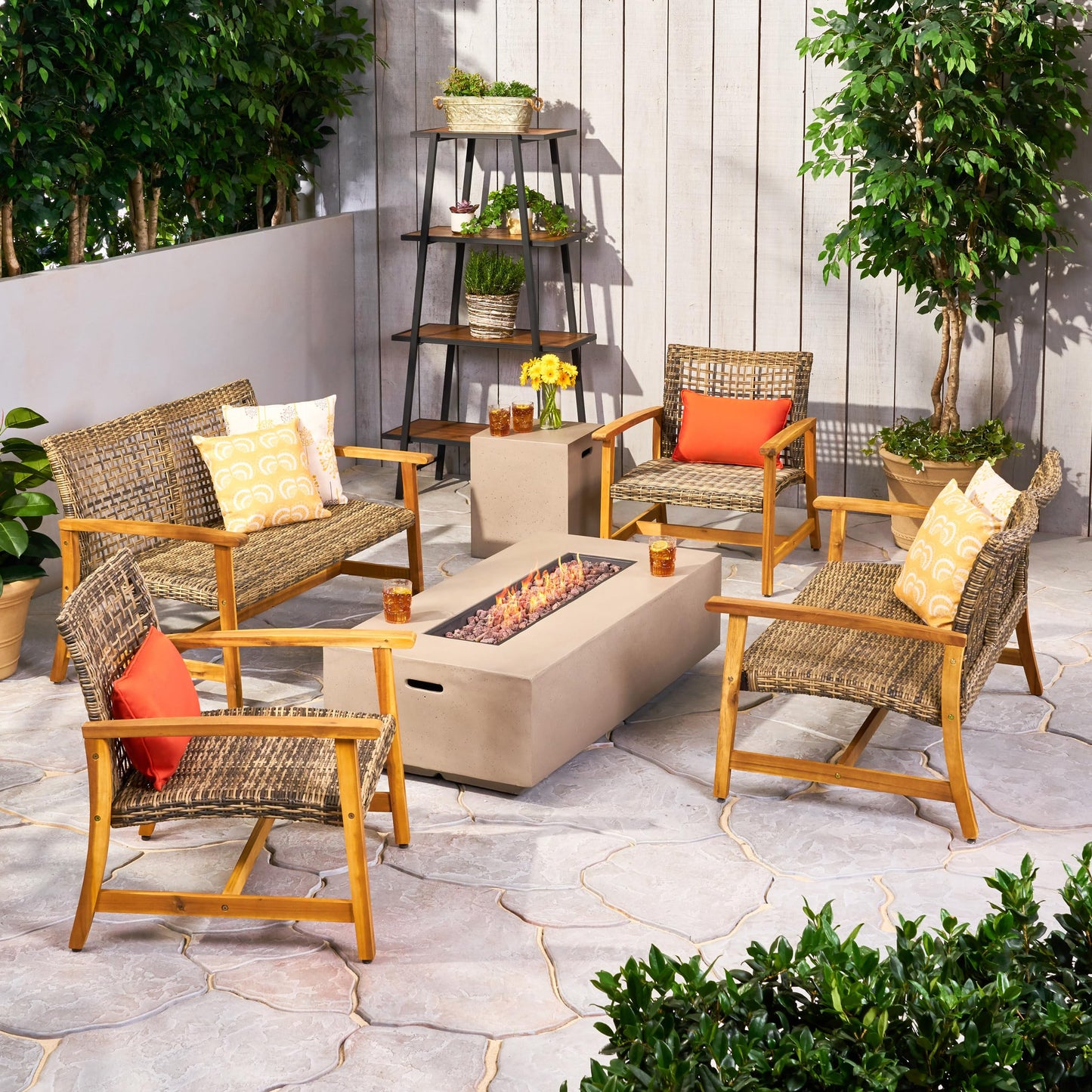 Christopher Knight Home Outdoor 6 Piece Acacia Wood and Wicker Conversation Set with Fire Pit, Gray and Light Gray