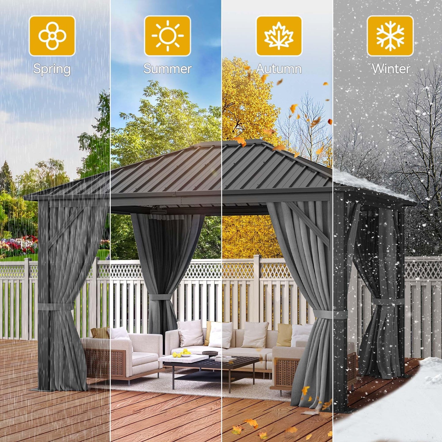 DWVO 10x12ft Gazebo Hardtop Heavy Duty Canopy with Nettings and Curtains, Galvanized Steel Outdoor Vertical Stripes Roof for Patio, Backyard, Deck, Lawns, Gray