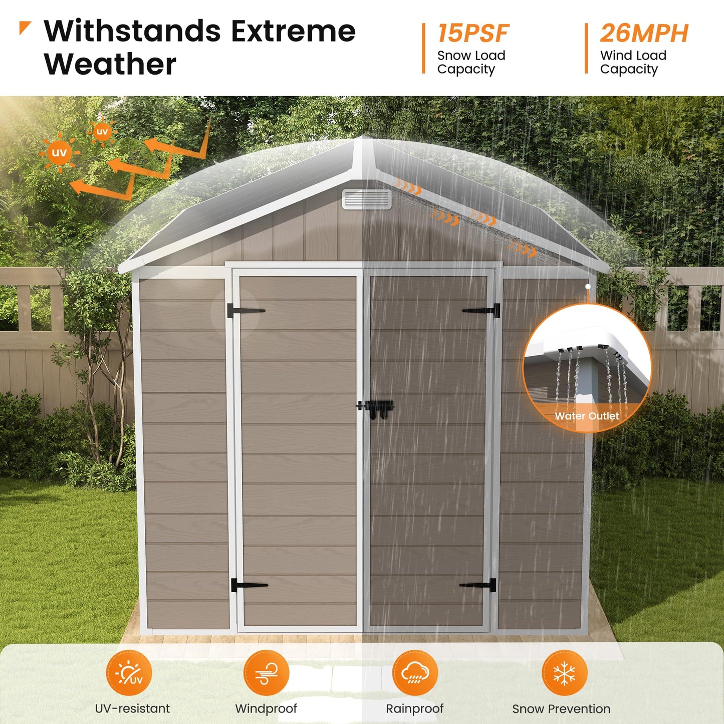 UDPATIO Outdoor Resin Storage Shed 8 x 10 FT, Plastic Storage Shed with Floor Large Outdoors Garden Tool Storage Shed Outside Clearance Shed with Lockable Door for Bike, Backyard, Patio, Brown
