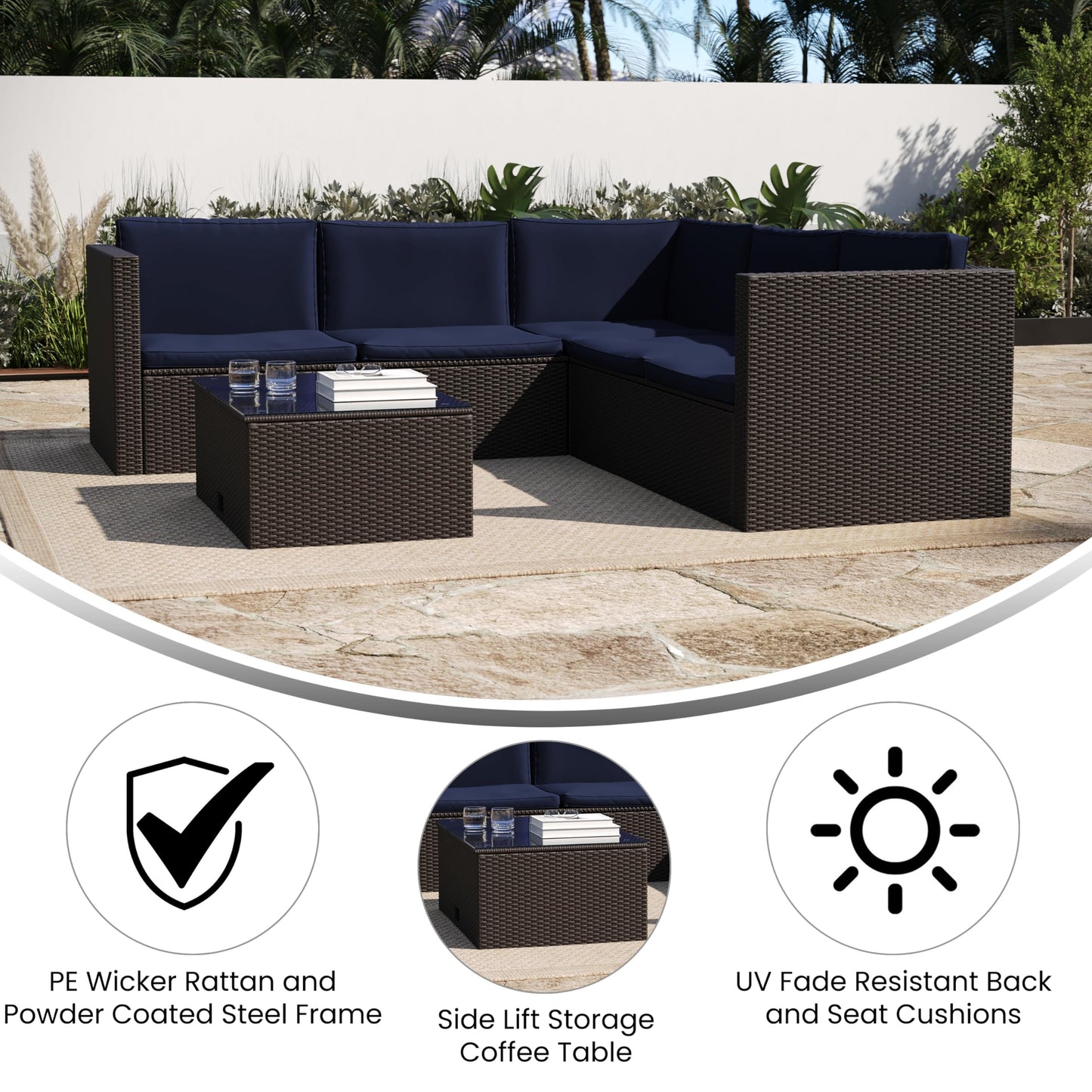 Flash Furniture Roan Patio Seating Set, Wicker PE Rattan Frame, L-Shaped Sectional with Side Lift Coffee Table Storage, Back and Seat Cushions, Brown/Navy