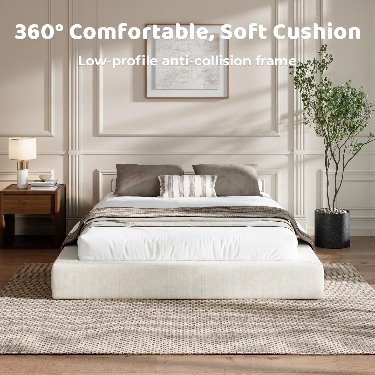 RECCI AirFrame Queen Bed Frame, Cloud Upholstered Platform Bed Frame, 5 Inch Fully Boxy Foam Cushioned, Square Shape Base, No Box Spring Needed, Easy Assembly | Beige Chenille, Soft Low-Profile