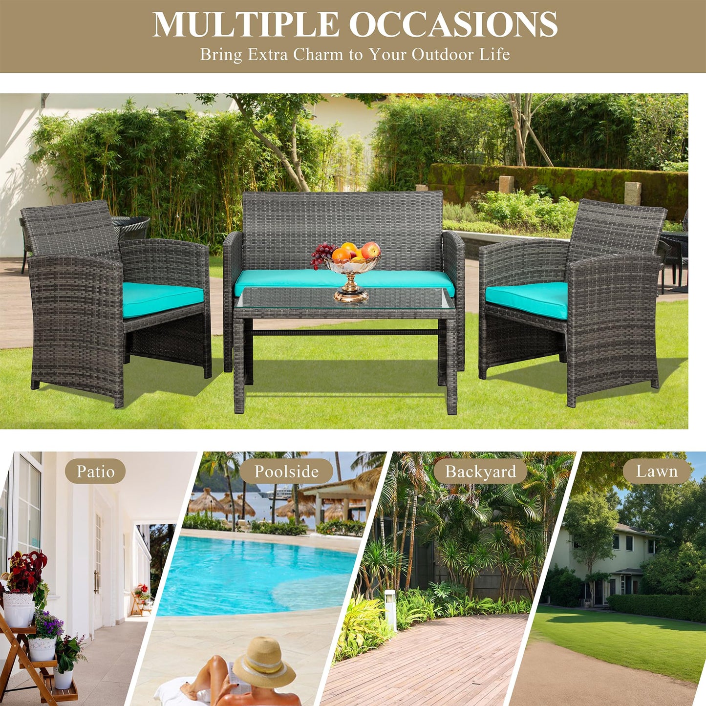 JAMFLY 4 Piece Outdoor Patio Furniture Set, Outdoor Wicker Rattan Chairs Conversation Sets with Cushions & Coffee Table for Outside, Garden, Balcony, Porch, Blue