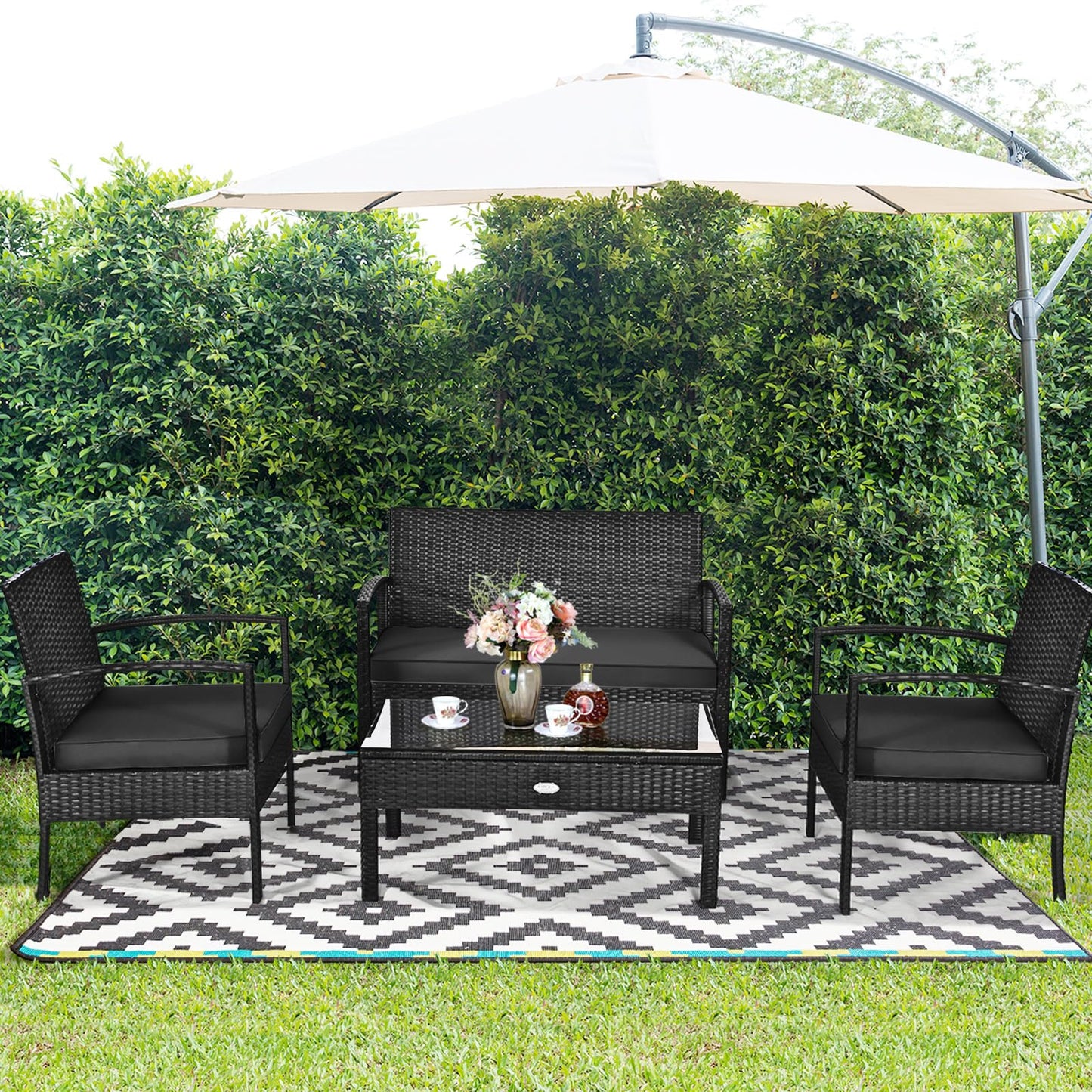 Tangkula 4 Pieces Wicker Patio Conversation Furniture Set, Outdoor Rattan Chair and Table Set, Patio Furniture Sets with Coffee Table & Washable Cushions for Courtyard Balcony Garden