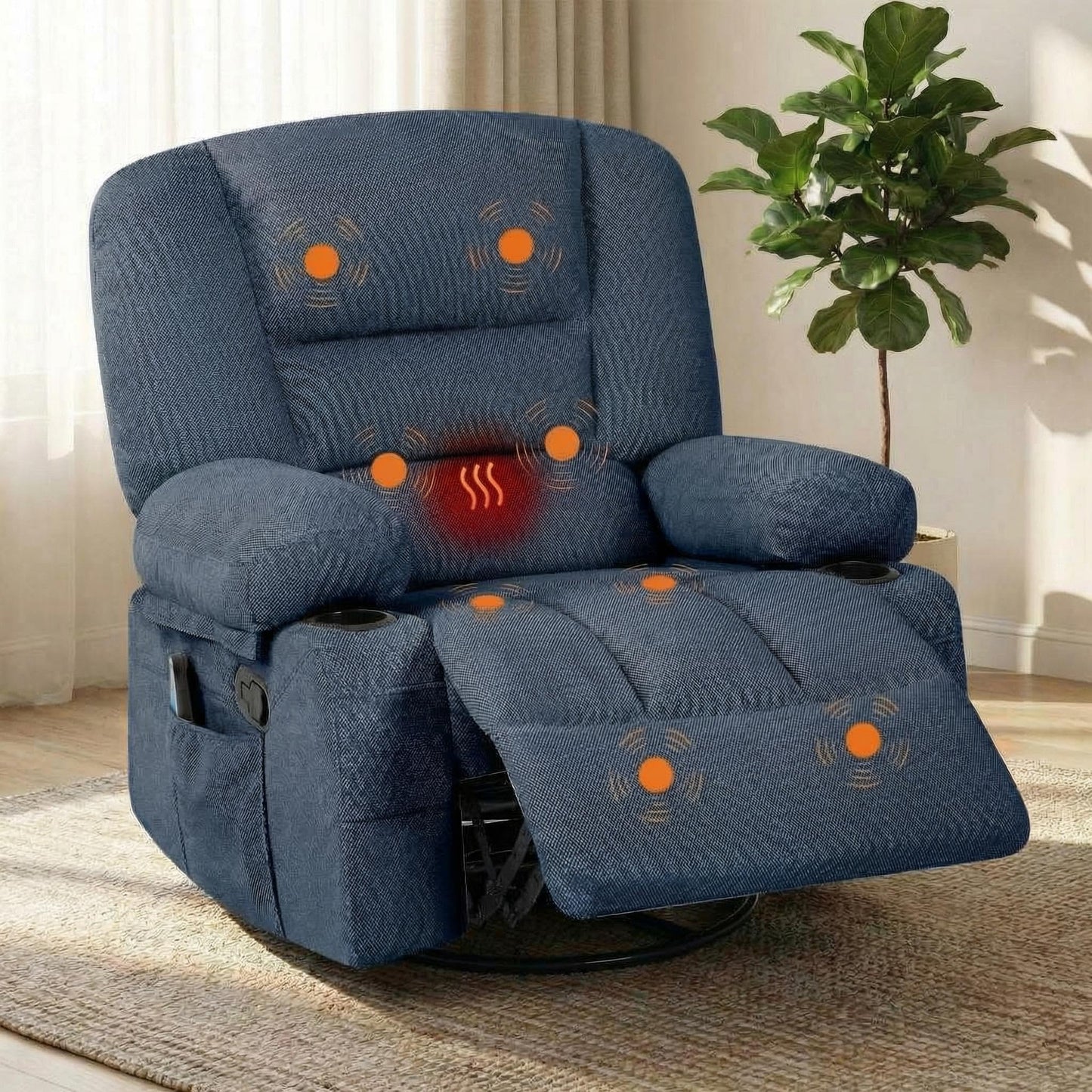 Oversized Wide Recliner Chair with Vibration Massage and Heat, 360° Swivel Recliner Glider for Adults,Chenille Fabric Manual Reclining Single Sofa with Cup Holders & Side Pockets for Living Room,Blue