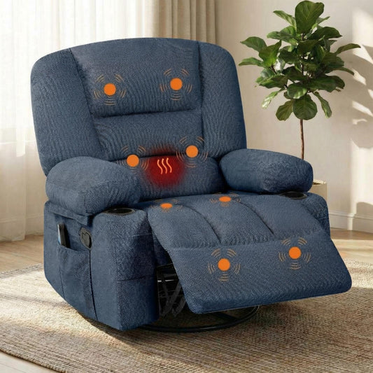 Oversized Wide Recliner Chair with Vibration Massage and Heat, 360° Swivel Recliner Glider for Adults,Chenille Fabric Manual Reclining Single Sofa with Cup Holders & Side Pockets for Living Room,Blue