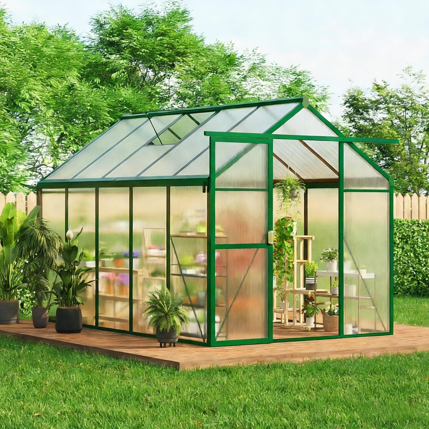 6x10 FT Greenhouse, Outdoor Sliding Door, Polycarbonate Greenhouse with Aluminum Frame, Lockable Door and Ajustable Roof Vent for Backyard, Outside Garden Backyard, Patio, Green