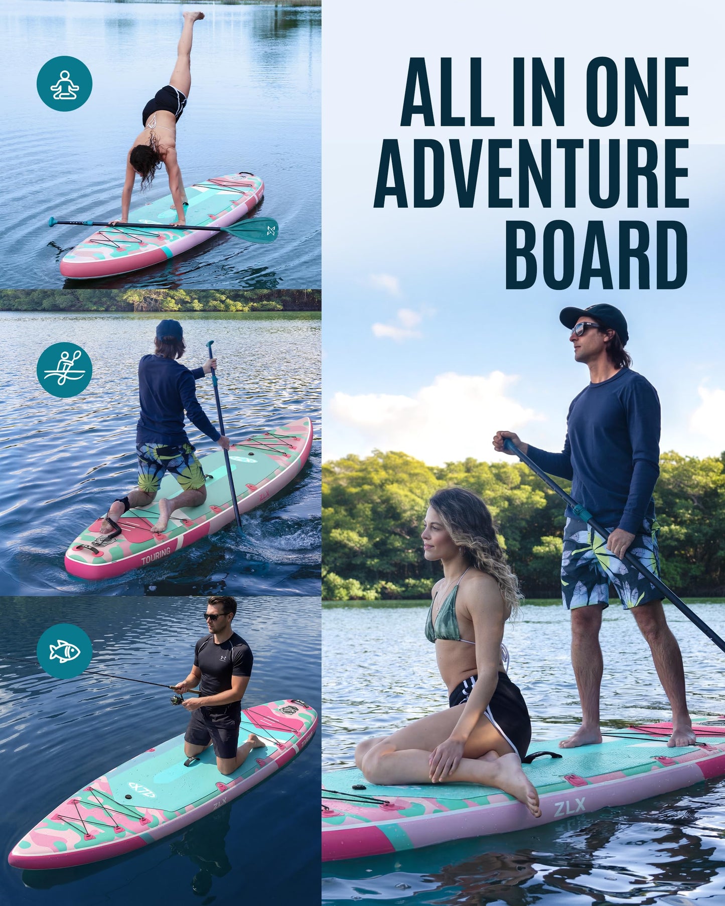 ZLX 11'6" Extra Wide Inflatable Paddle Board with Seat, Touring Stand Up Paddleboard, Fast Long-Distance SUP, Stable Center Fin, Portable Backpack & Accessories for Adults, 500lb/3 People/Family