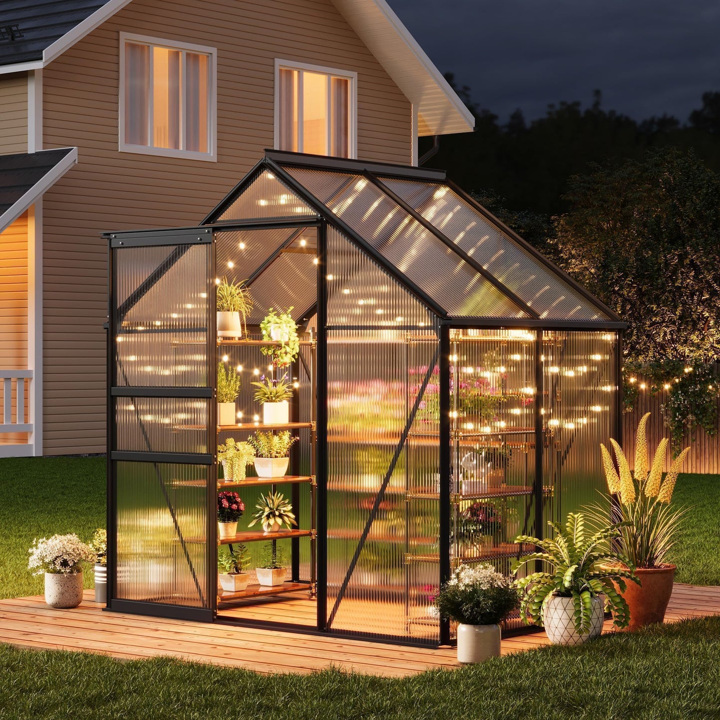 COZONY Heavy Duty Aluminum Frame Walk-in Greenhouse, 6x4 FT Polycarbonate Panels - Sliding Door, Adjustable Roof Vent, Rain Gutter - Sturdy Outdoor Greenhouse for Backyard, Patio, Garden - Color: