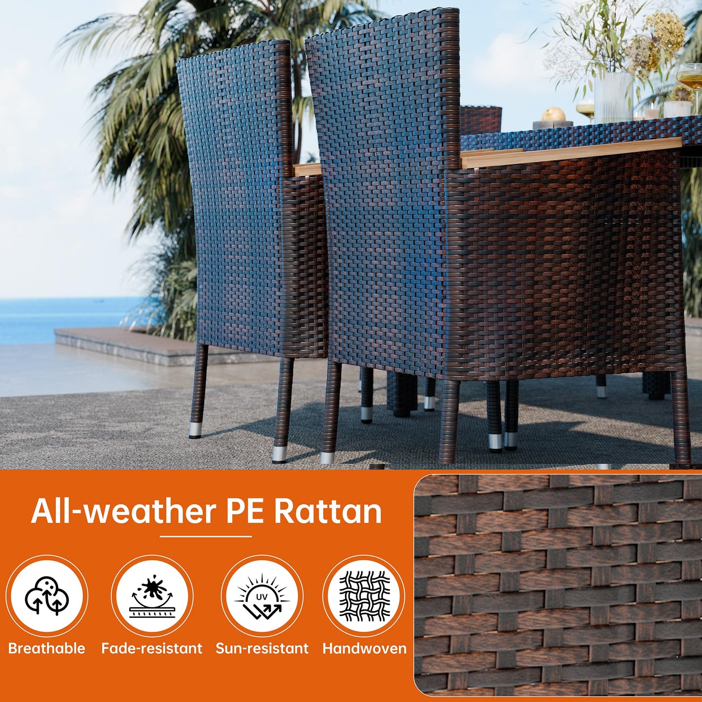 Shintenchi 7 PCS Patio Dining Set, Wicker Patio Conversation Set with Wooden Table Top, Outdoor Table and Chairs with Soft Cushions for Backyard, Deck and Garden, Brown Wicker