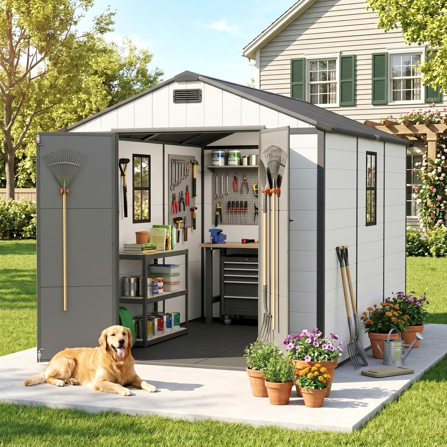 Greesum 8x10FT Resin Outdoor Storage Shed with Floor and Windows, All Weather Plastic Shed with Lockable Door & Vents for Garden, Backyard, Lawn, Light Gray