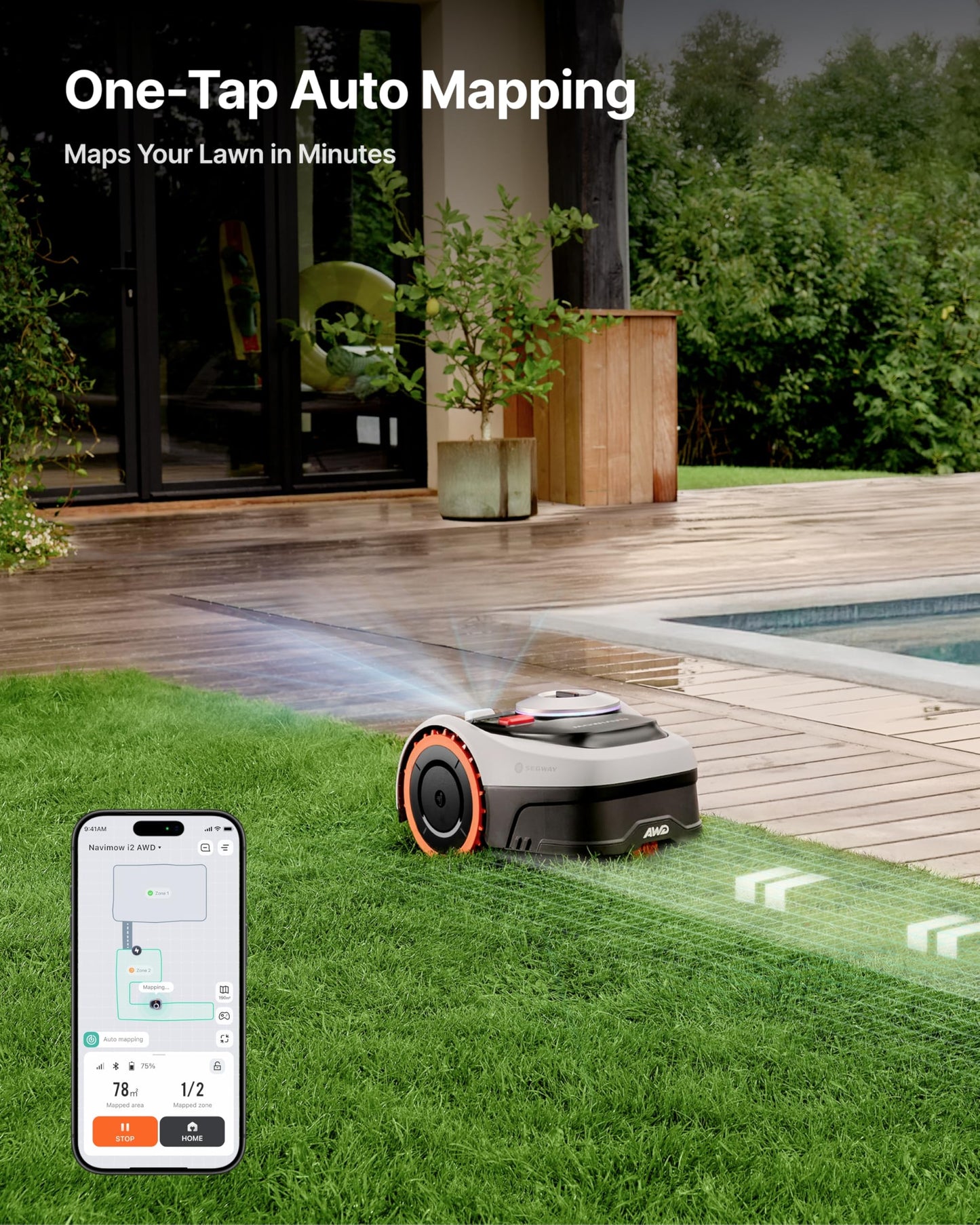 Segway Navimow i210 AWD Robot Lawn Mower Wire Free with Garage S, All-Wheel Drive for 45% Slopes, EFLS NRTK + Vision Auto Mapping, Covers 1/4 Acre (Garage Shipped Separately)