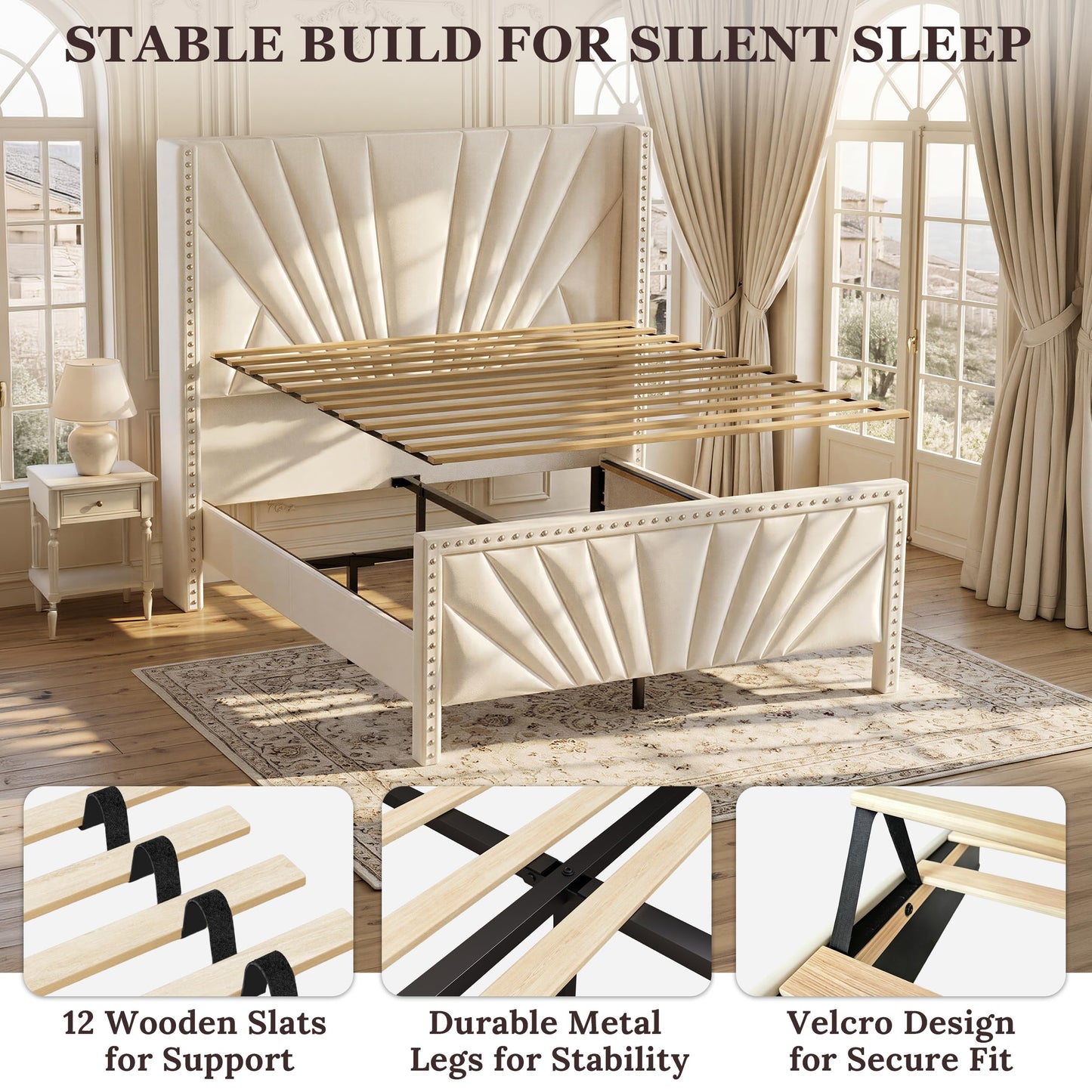Narolabo Queen Size Bed Frame with 55" Tall Wingback Headboard, Velvet Upholstered Platform Bed, Sturdy Wood Slat Support, No Box Spring Needed, Noise-Free, Easy Assembly, Cream White