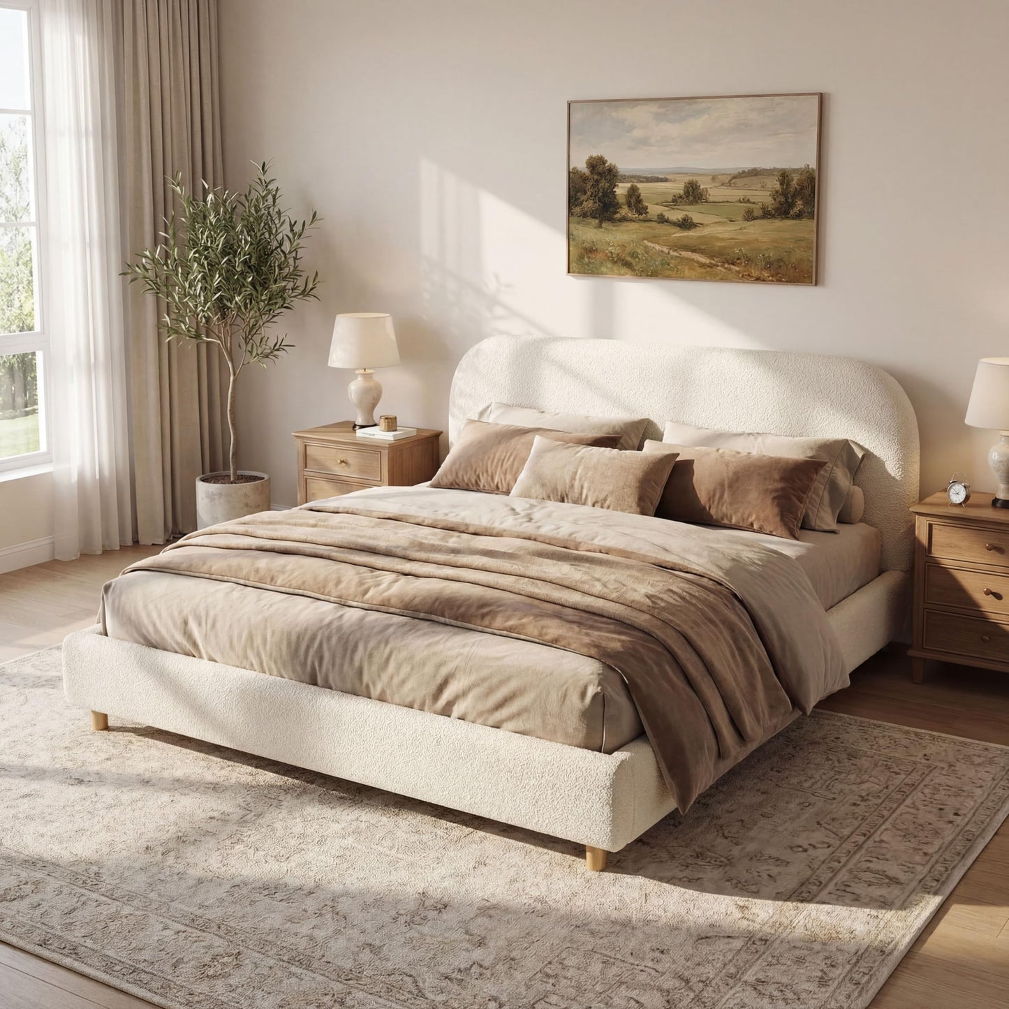 Christopher Knight Home Hazel California King Bed Frame with Headboard, Boucle Upholstered Platform Bed, Wooden Frame, Soft Curved Headboard, Slats Panel Support, No Box Spring Needed, White