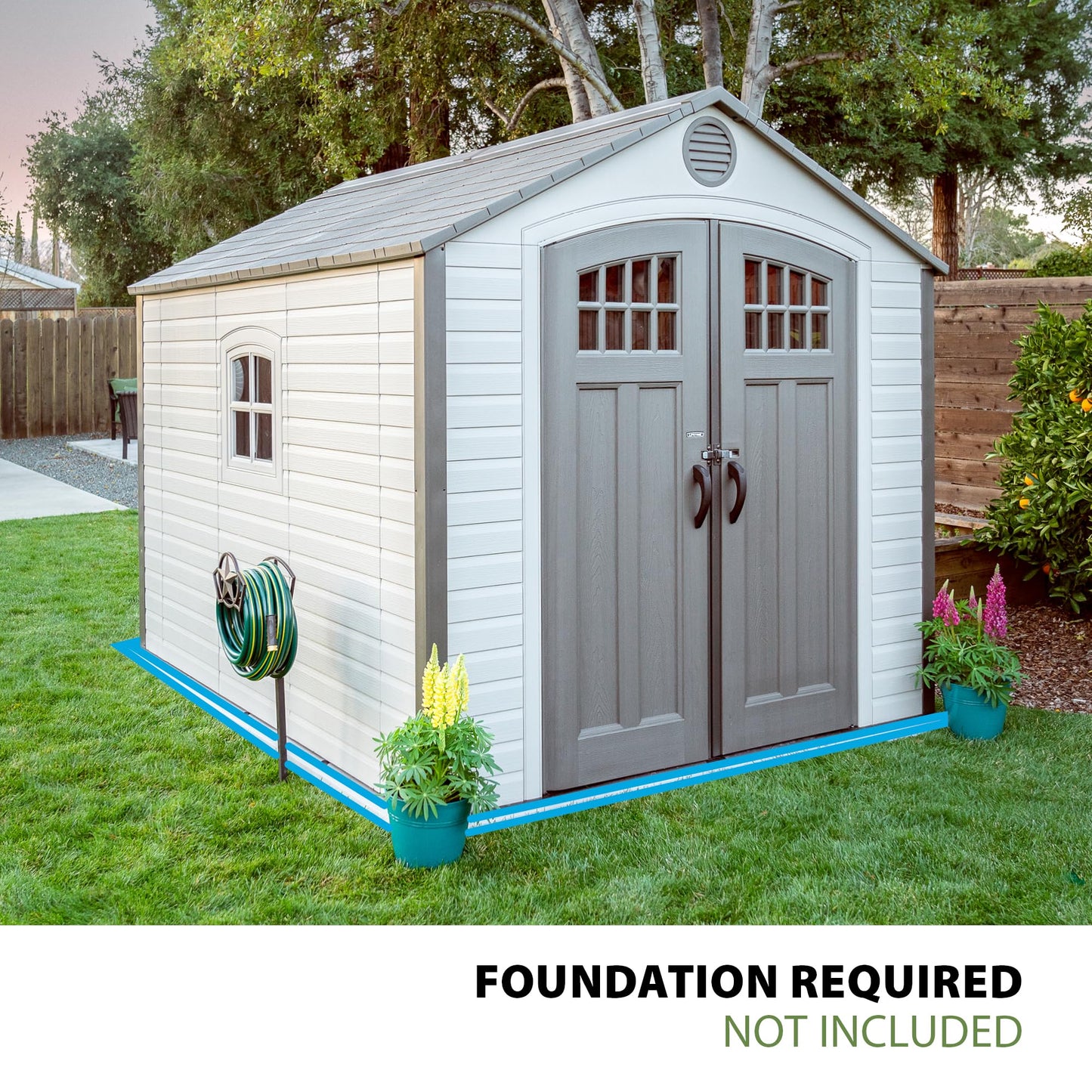 Lifetime 8 x 10 Ft Outdoor Storage Shed, Dual-Wall HDPE Construction, Steel-Reinforced, Skylight and Window, Lockable Doors, Vents, UV-Protected, Desert Sand