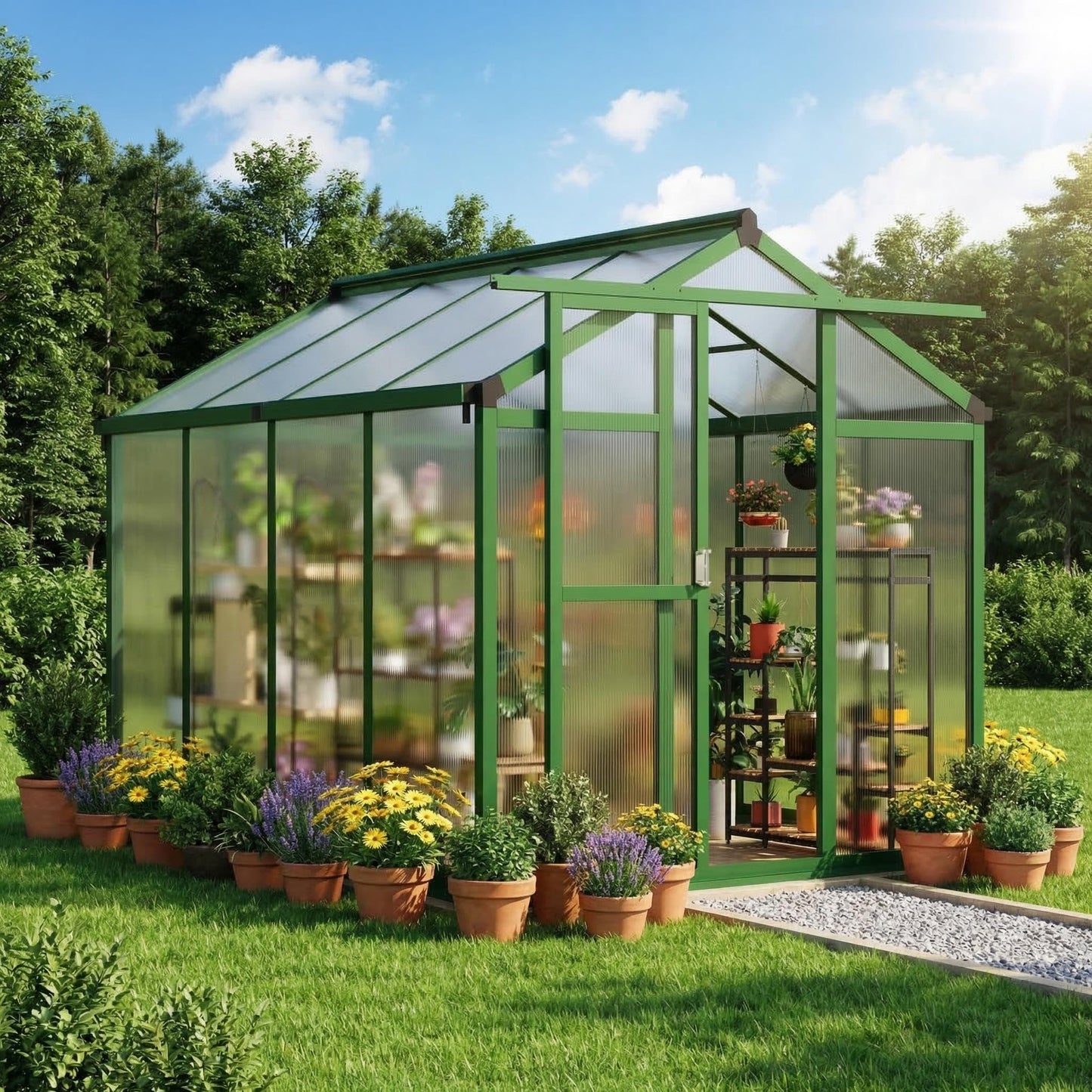 GAOMON 6 x 8 ft Greenhouse for Outdoor with Sliding Door, Green House with Polycarbonate Panel & Ajustable Roof Vent & Ground Nails, Walk-in Aluminum Greenhouses for Garden, Patio